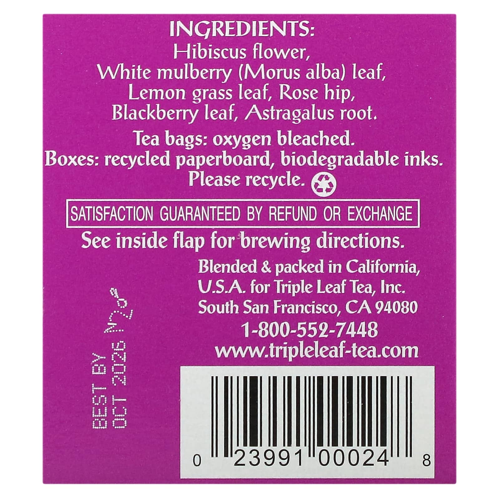 Triple Leaf Tea, Hibiscus With White Mulberry Leaf, Caffeine Free, 20 Tea Bags, 1.34 oz (38 g) - Image 2