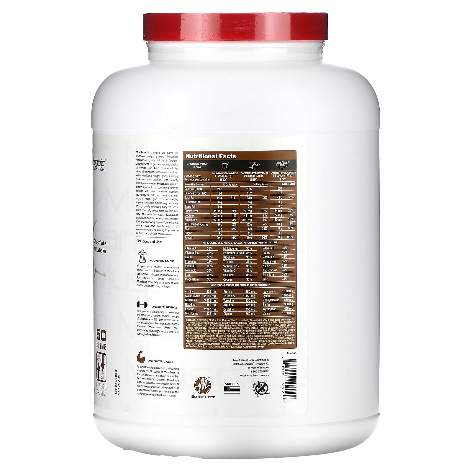 Metabolic Nutrition, MuscLean, Lean Muscle Weight Gainer, Chocolate Milkshake, 5 lbs - Image 2