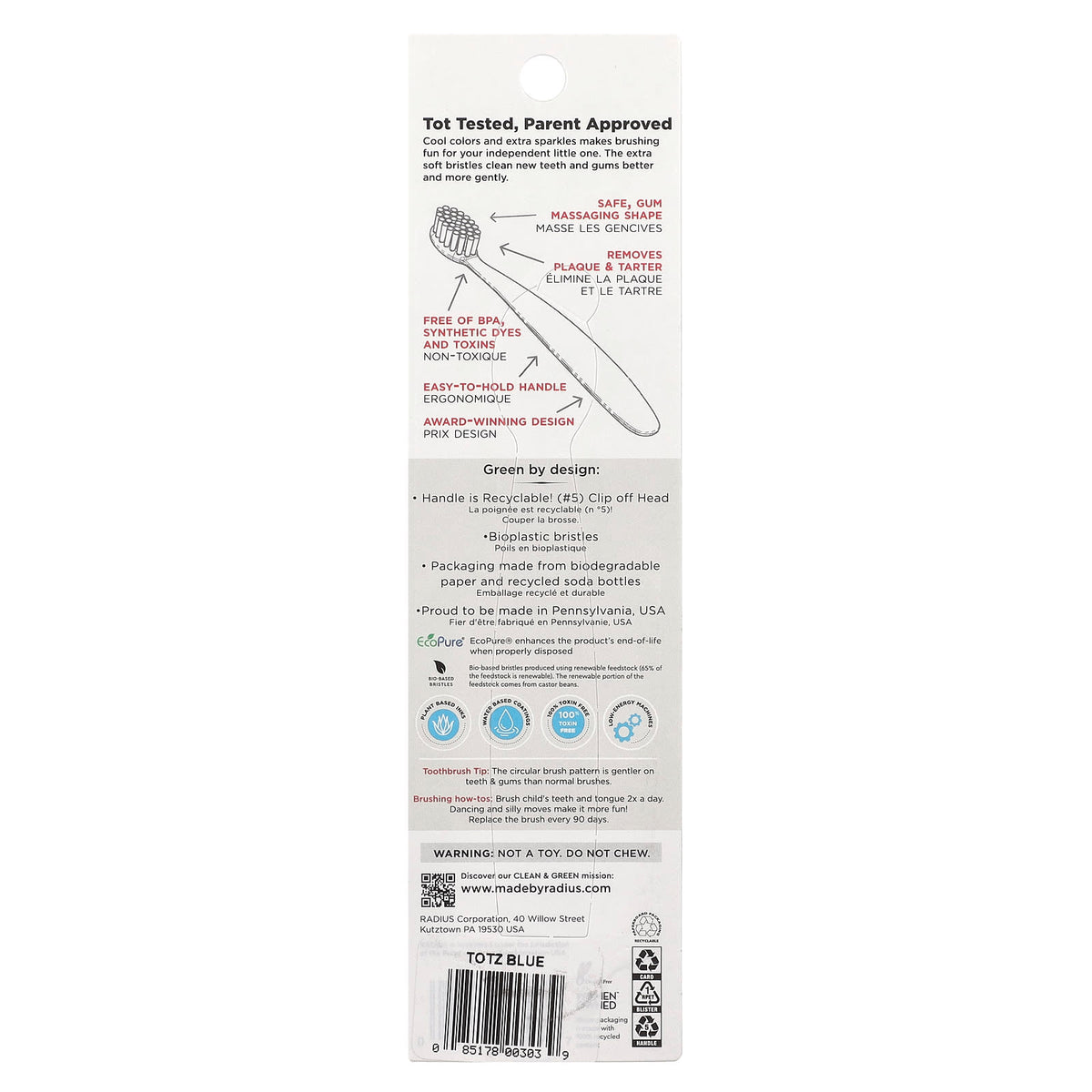 RADIUS, Totz® Toothbrush, 18 + Months, Extra Soft, Light Blue Sparkle, 1 Toothbrush - Image 2