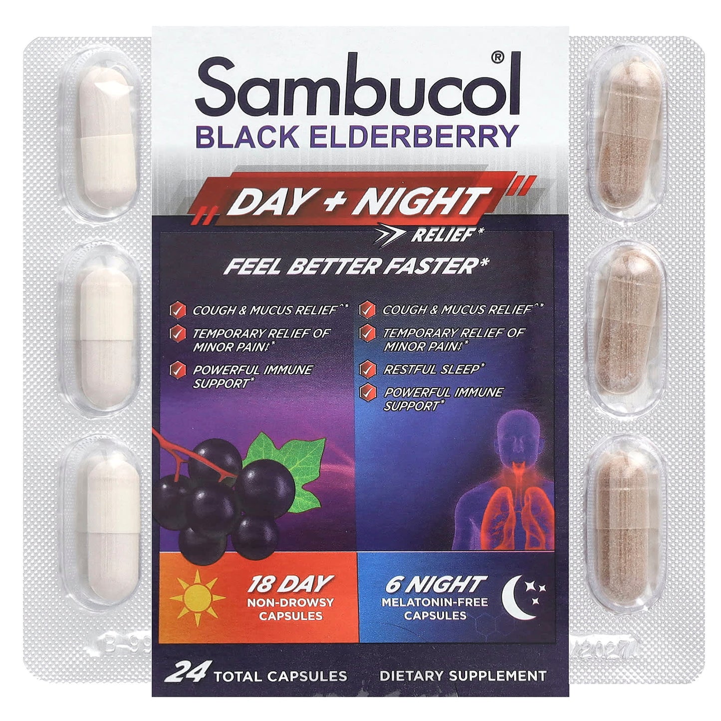 Sambucol, Black Elderberry, Day + Night Relief , 24 Capsules - Image 1