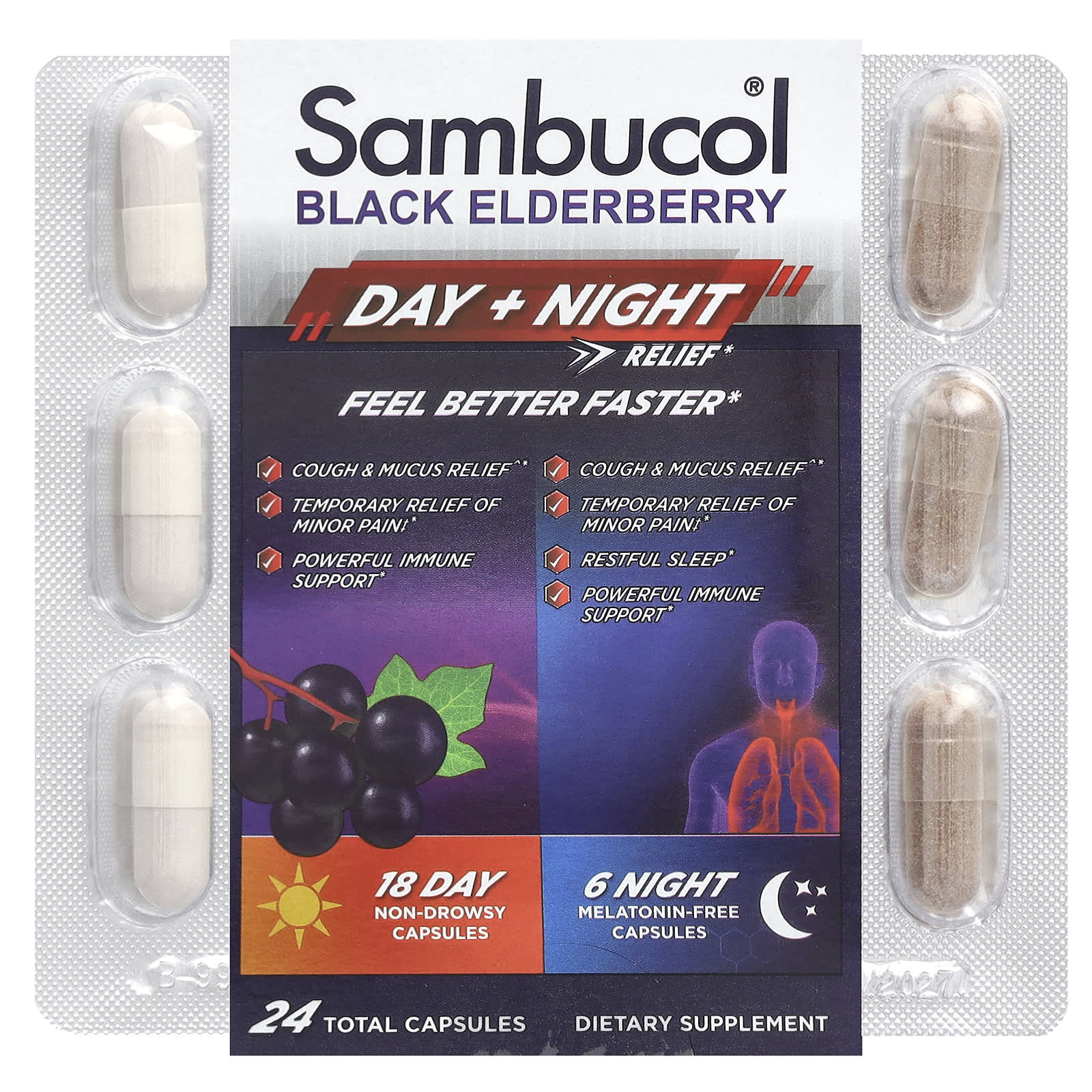 Sambucol, Black Elderberry, Day + Night Relief , 24 Capsules - Image 1