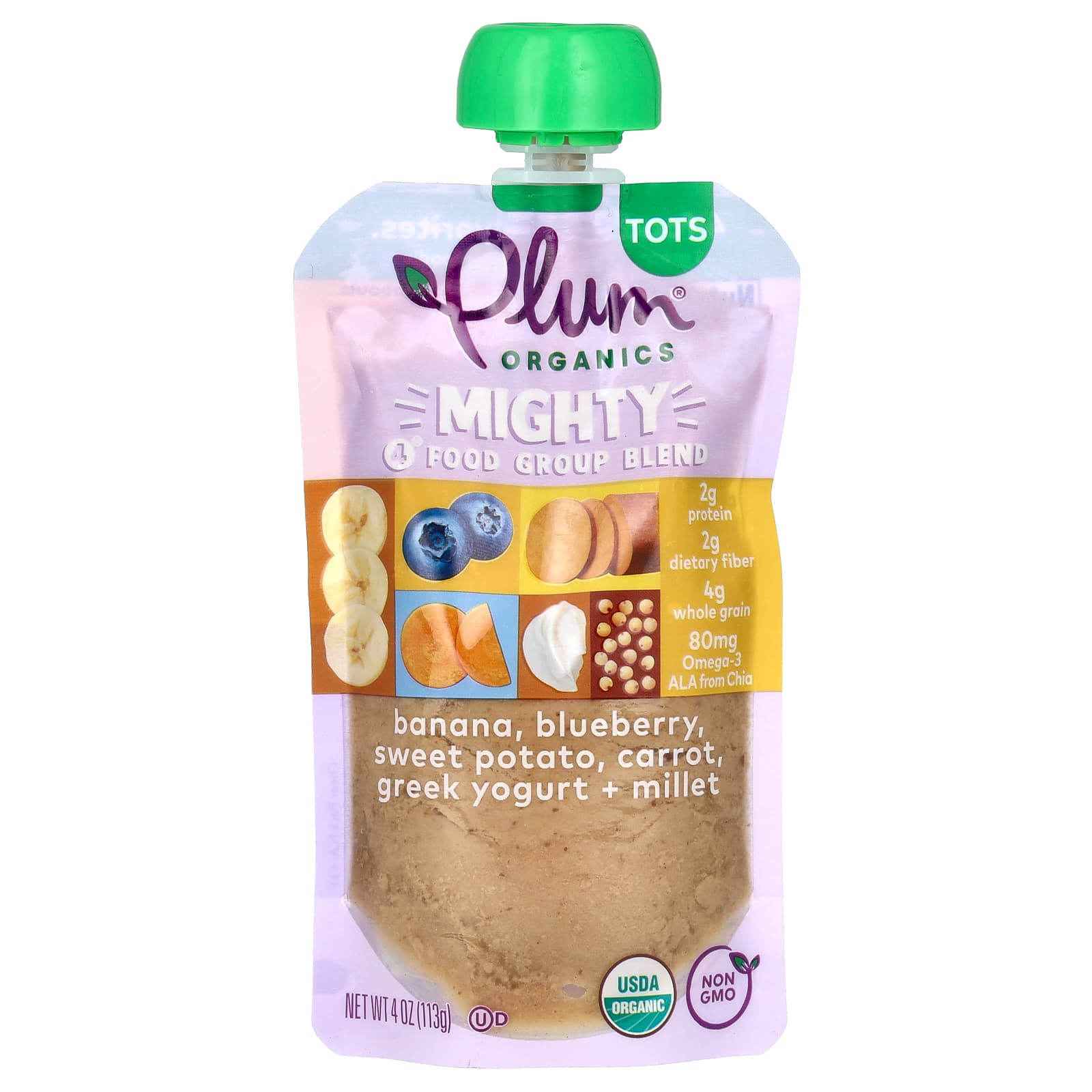 Plum Organics, Mighty Tots, 4 Food Group Blend, Tots, Banana, Blueberry, Sweet Potato, Carrot, Greek Yogurt, Millet, 4 oz (113 g) - Image 1