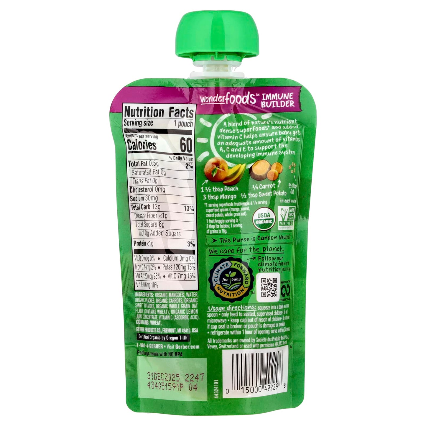 Gerber Organic Baby Food WonderFoods Mango Peach Carrot Sweet Potato Oatmeal - Image 2