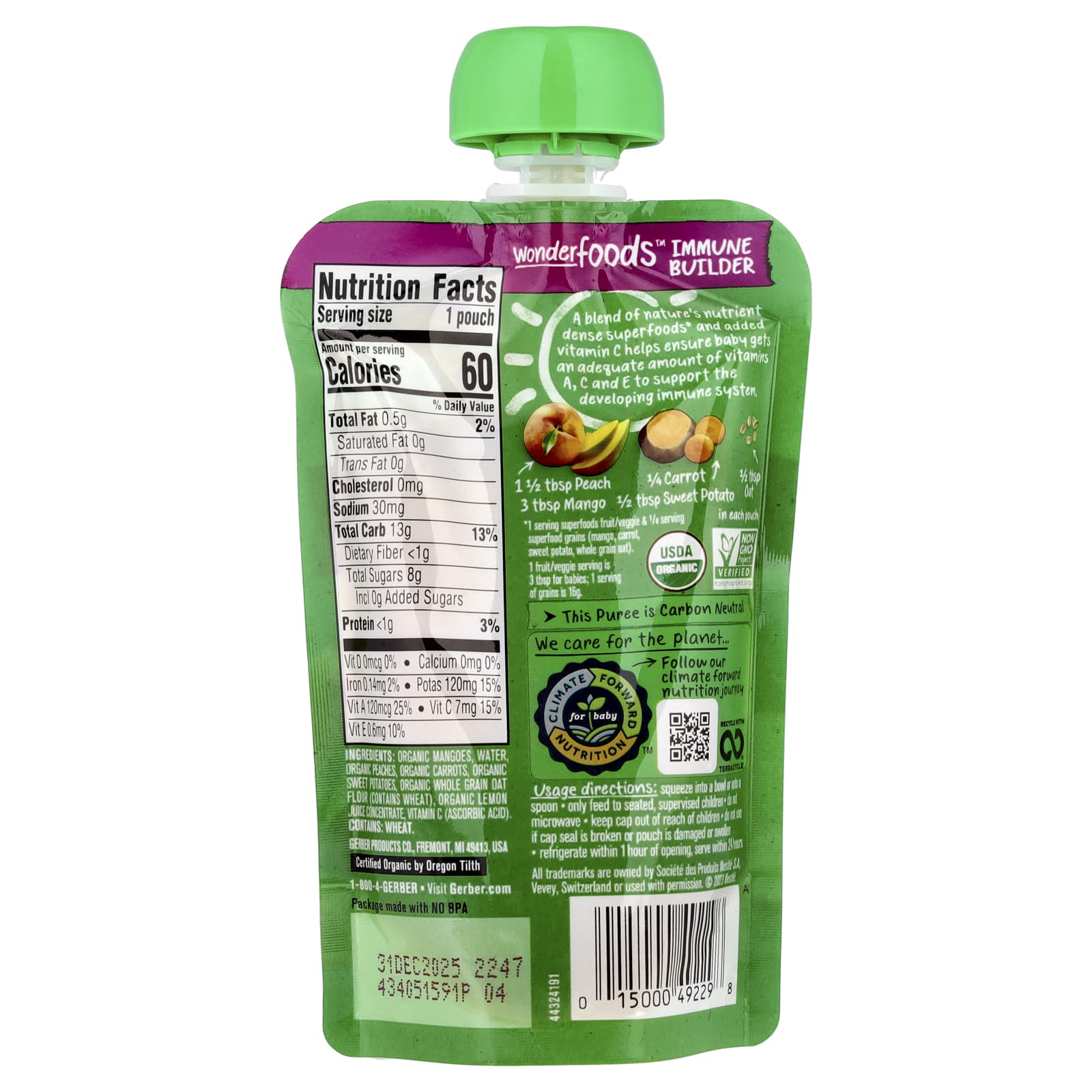 Gerber Organic Baby Food WonderFoods Mango Peach Carrot Sweet Potato Oatmeal - Image 2