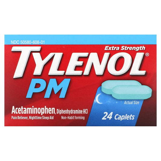 Tylenol, Extra Strength PM Acetaminophen, Pain Reliever, Nighttime Sleep Aid, 24 Caplets - Image 1