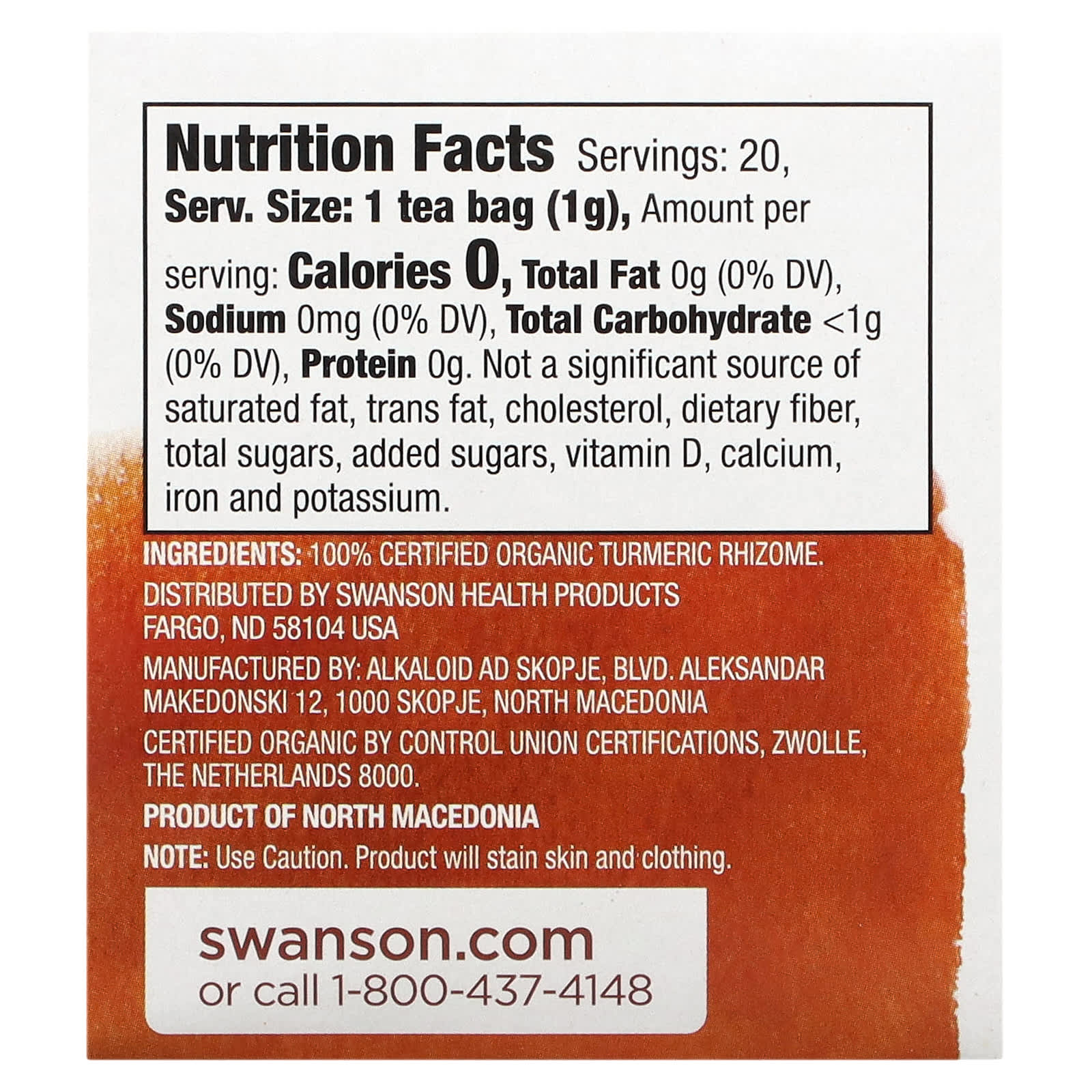 Swanson, 100% Organic Turmeric Tea, Caffeine-Free, 20 Tea Bags, 0.7 oz (20 g) - Image 2