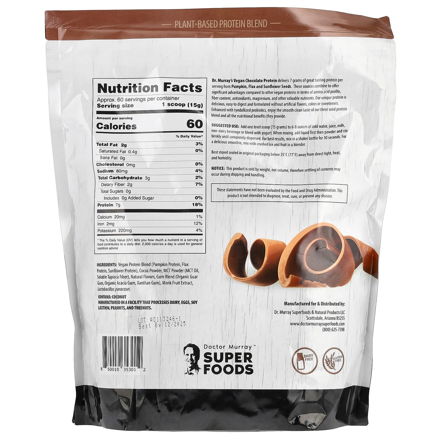 Dr. Murray's Vegan Chocolate 3 Seed Protein Powder, 2 lb - Image 2
