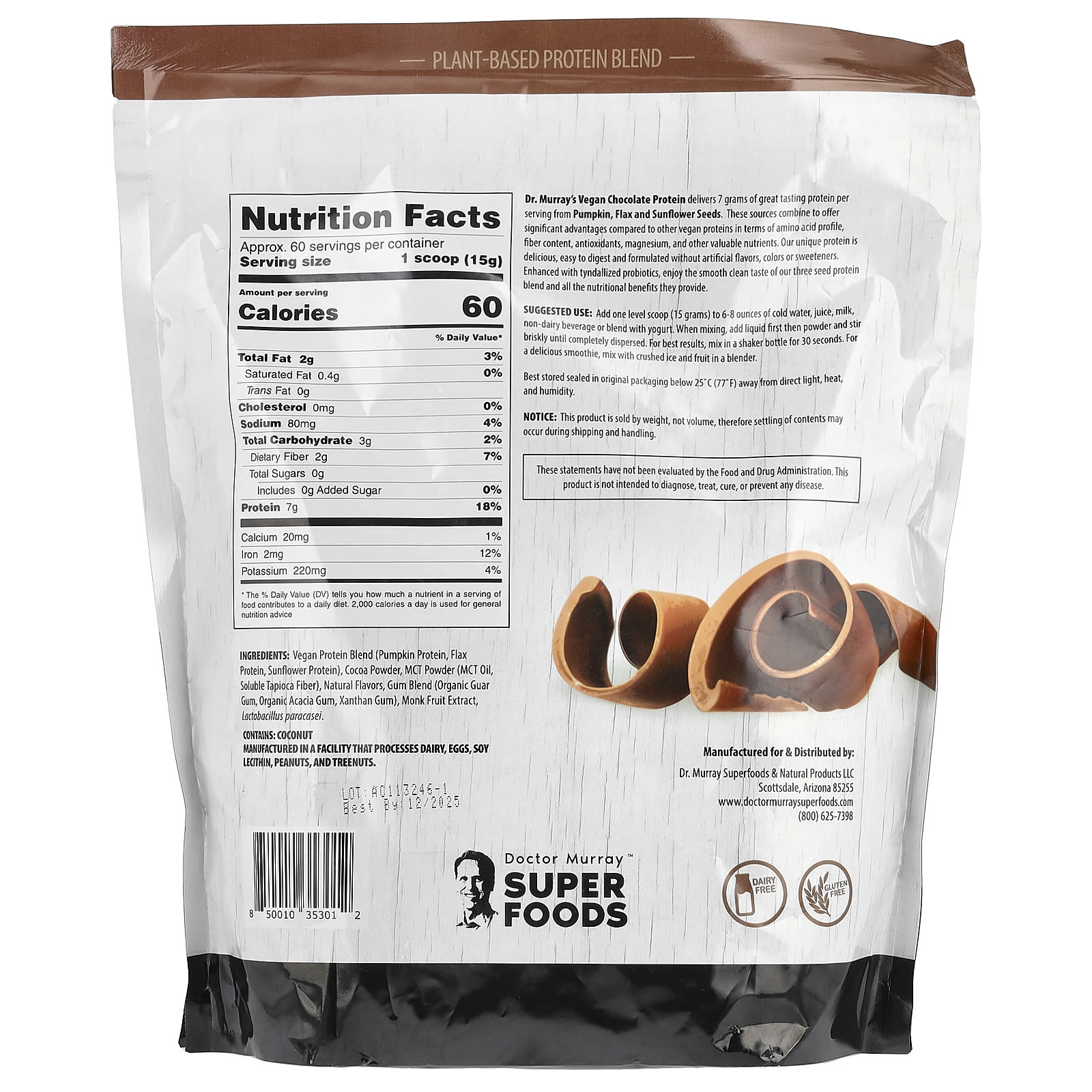 Dr. Murray's Vegan Chocolate 3 Seed Protein Powder, 2 lb - Image 2