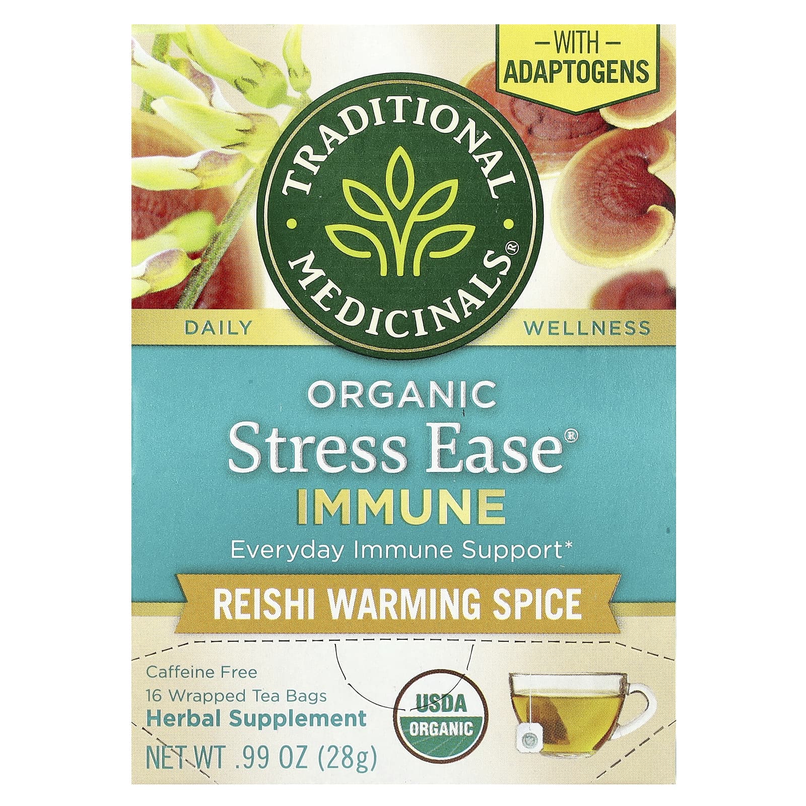 Traditional Medicinals, Organic Stress Ease® Immune, Reishi Warming Spice, Caffeine Free, 16 Wrapped Tea Bags, 0.99 oz (28 g) - Image 1