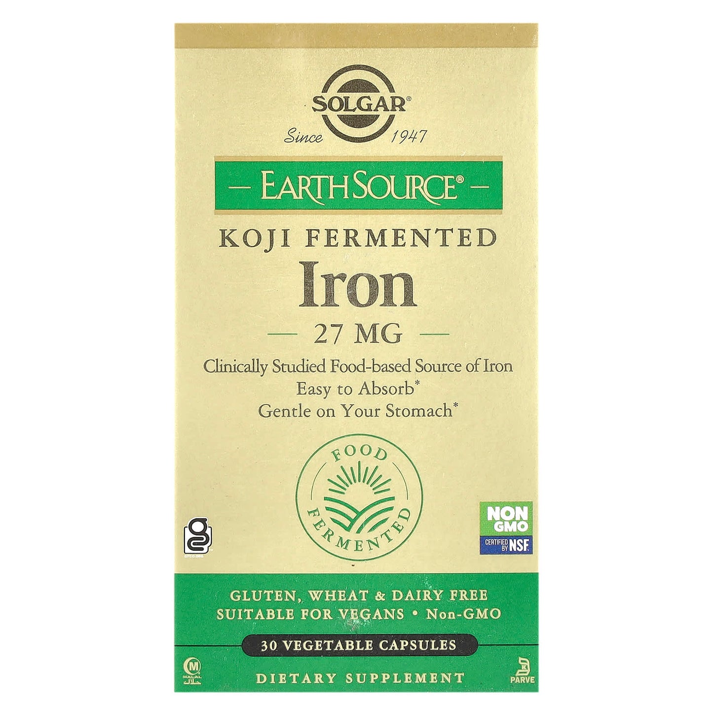 Solgar, EarthSource® Koji Fermented, Iron, 27 mg, 30 Vegetable Capsules - Image 1