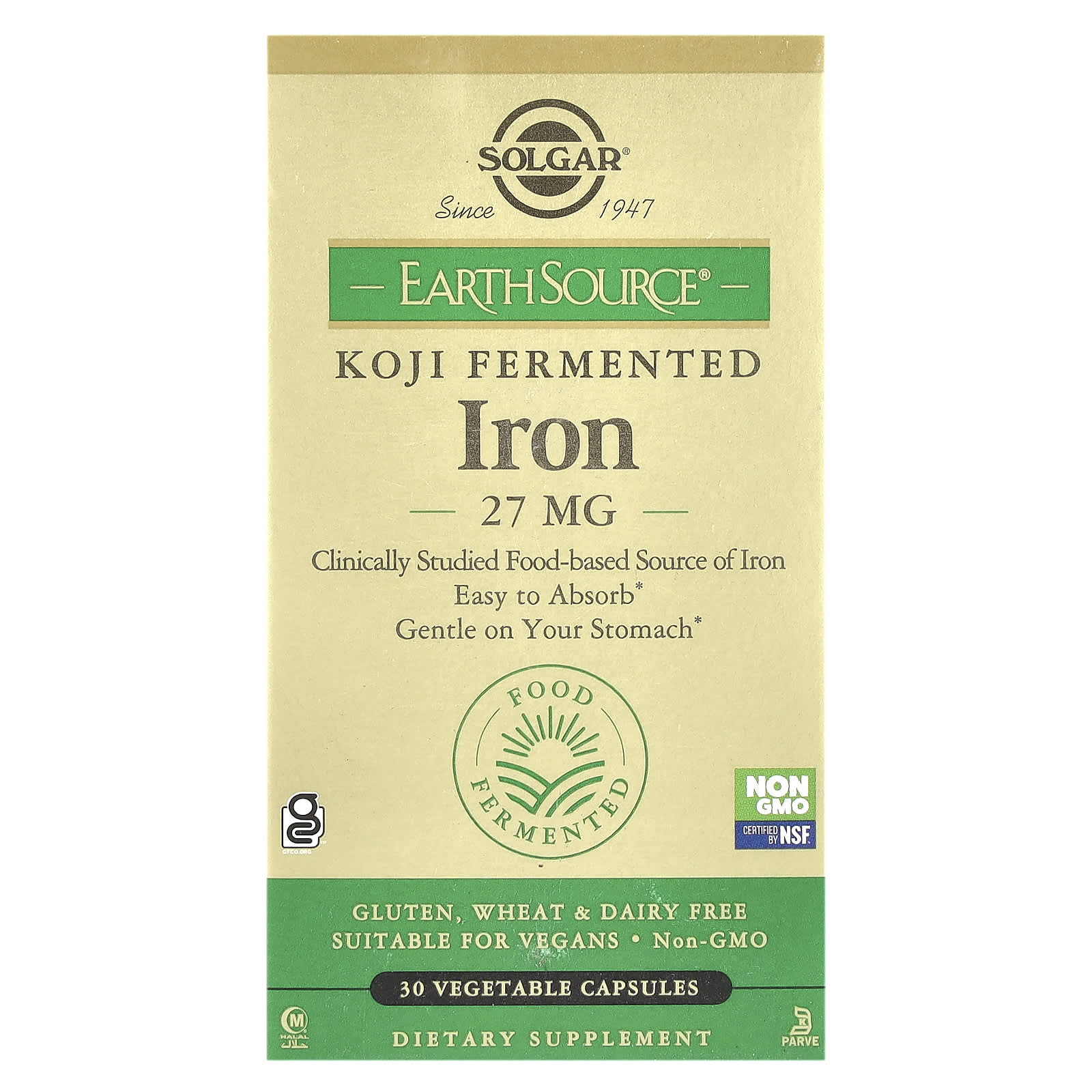 Solgar, EarthSource® Koji Fermented, Iron, 27 mg, 30 Vegetable Capsules - Image 1