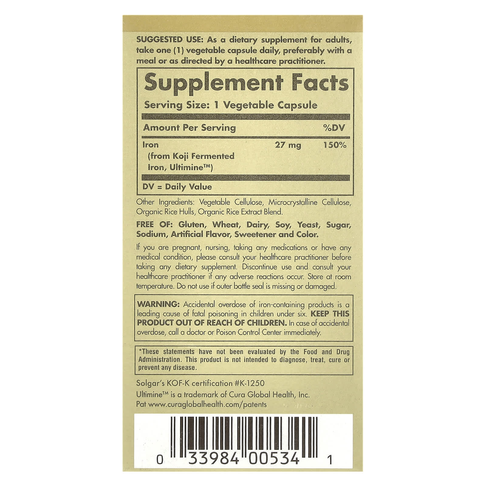 Solgar, EarthSource® Koji Fermented, Iron, 27 mg, 30 Vegetable Capsules - Image 2