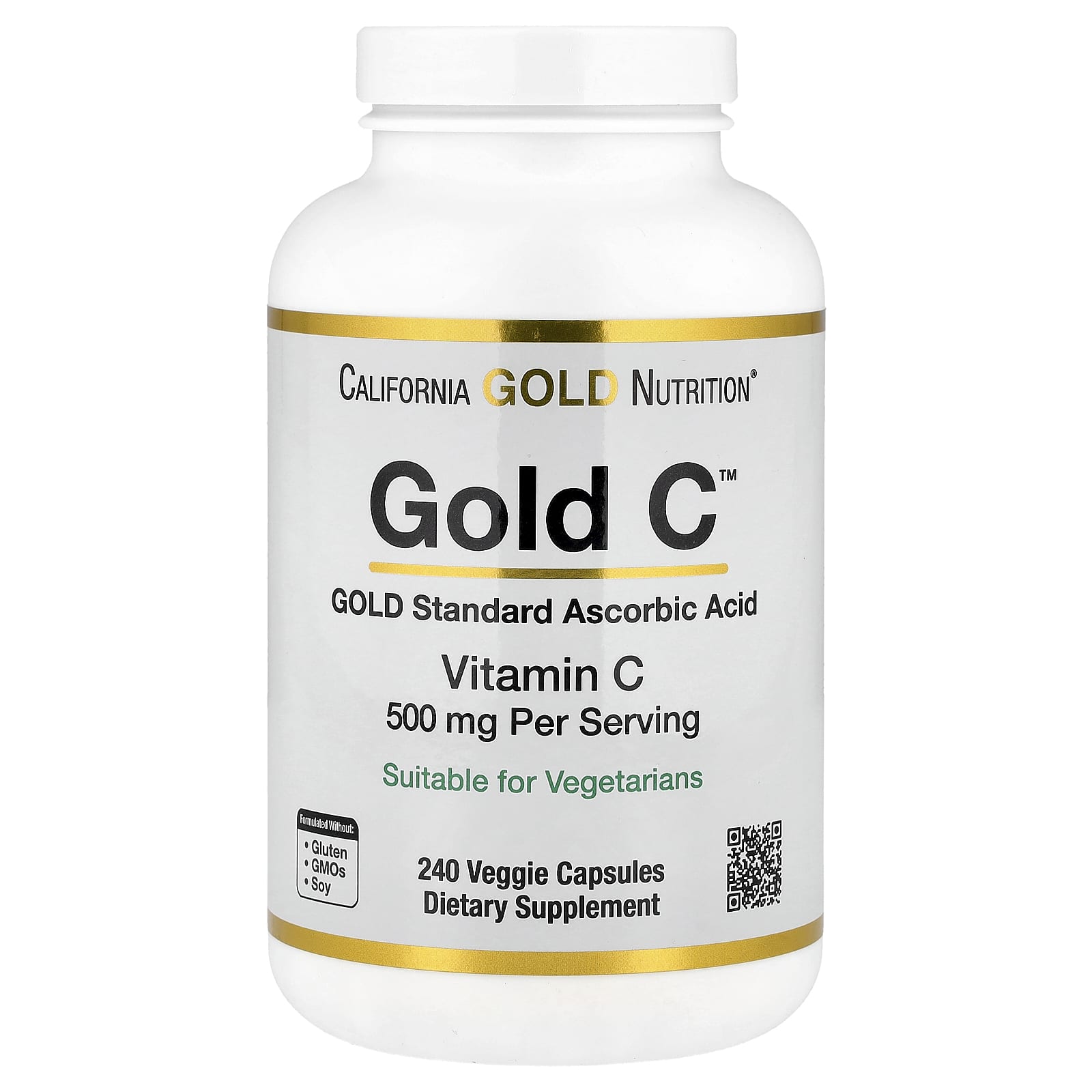 California Gold Nutrition Gold C Supplement 500mg Vitamin C 240 Veggie Capsules - Image 1