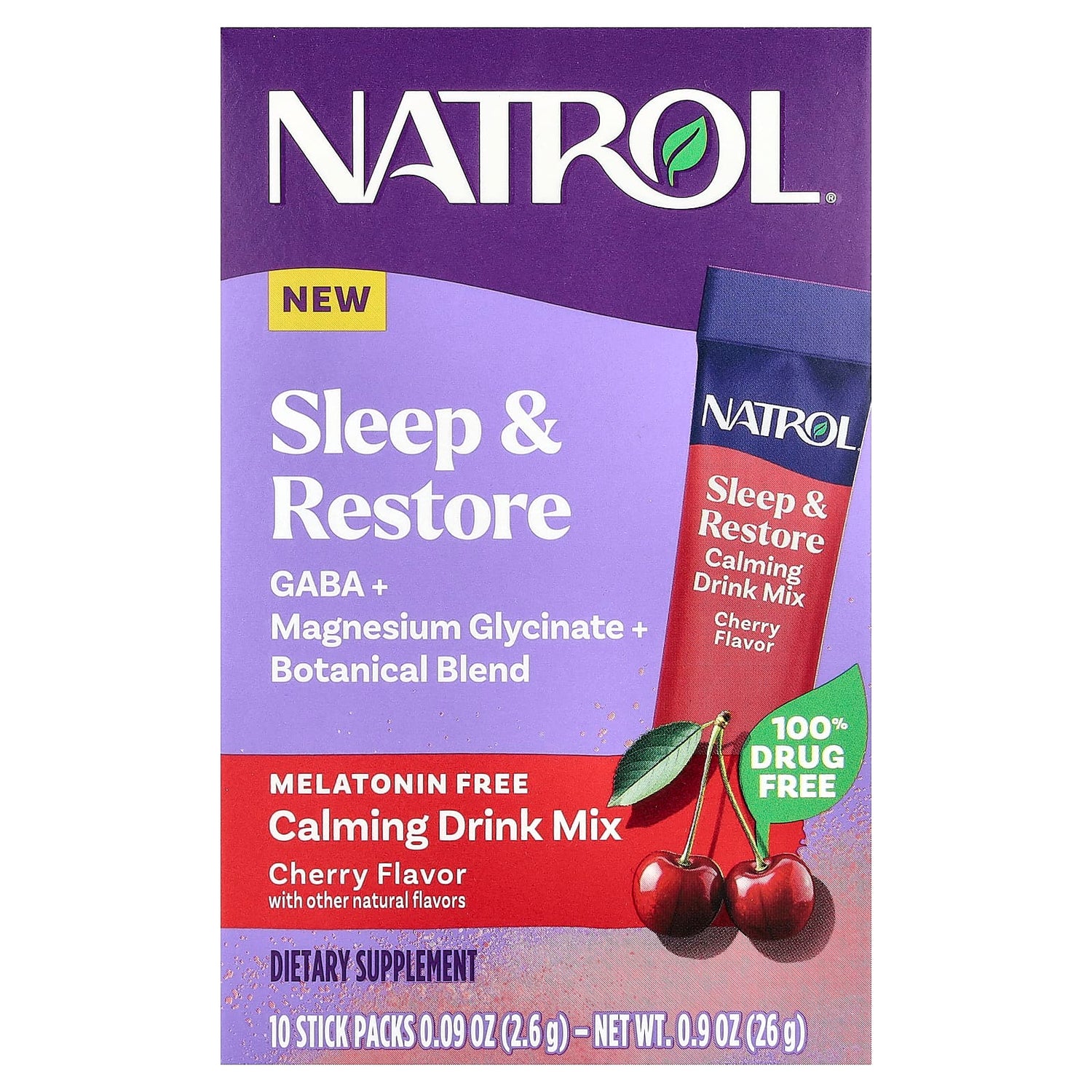 Natrol, Sleep & Restore, Calming Drink Mix, Melatonin Free, Cherry, 10 Stick Packs, 0.09 oz (2.6 g) Each - Image 1