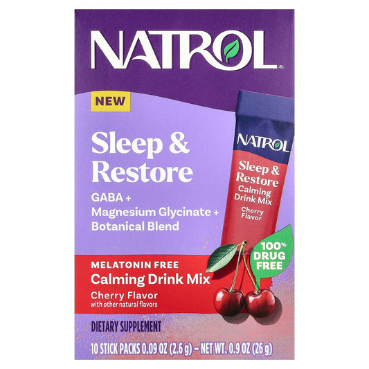 Natrol, Sleep & Restore, Calming Drink Mix, Melatonin Free, Cherry, 10 Stick Packs, 0.09 oz (2.6 g) Each - Image 1