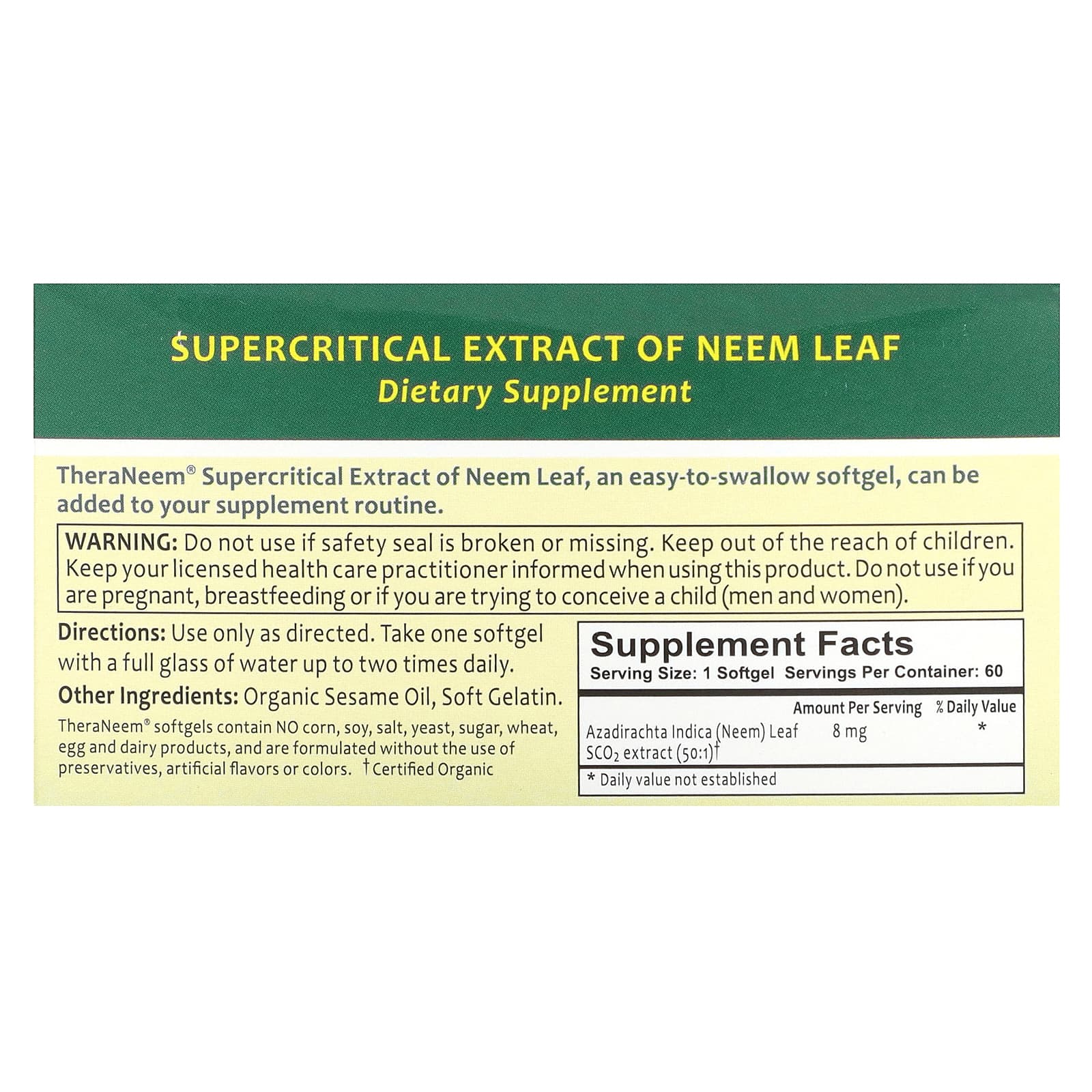 Organix South, TheraNeem Naturals, Supercritical Extract of Neem Leaf, 8 mg, 60 Softgels - Image 2