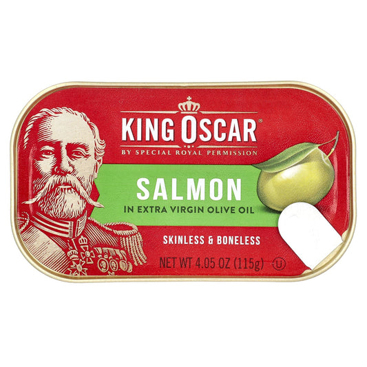 King Oscar, Skinless & Boneless Salmon in Extra Virgin Olive Oil, 4.05 oz (115 g) - Image 1