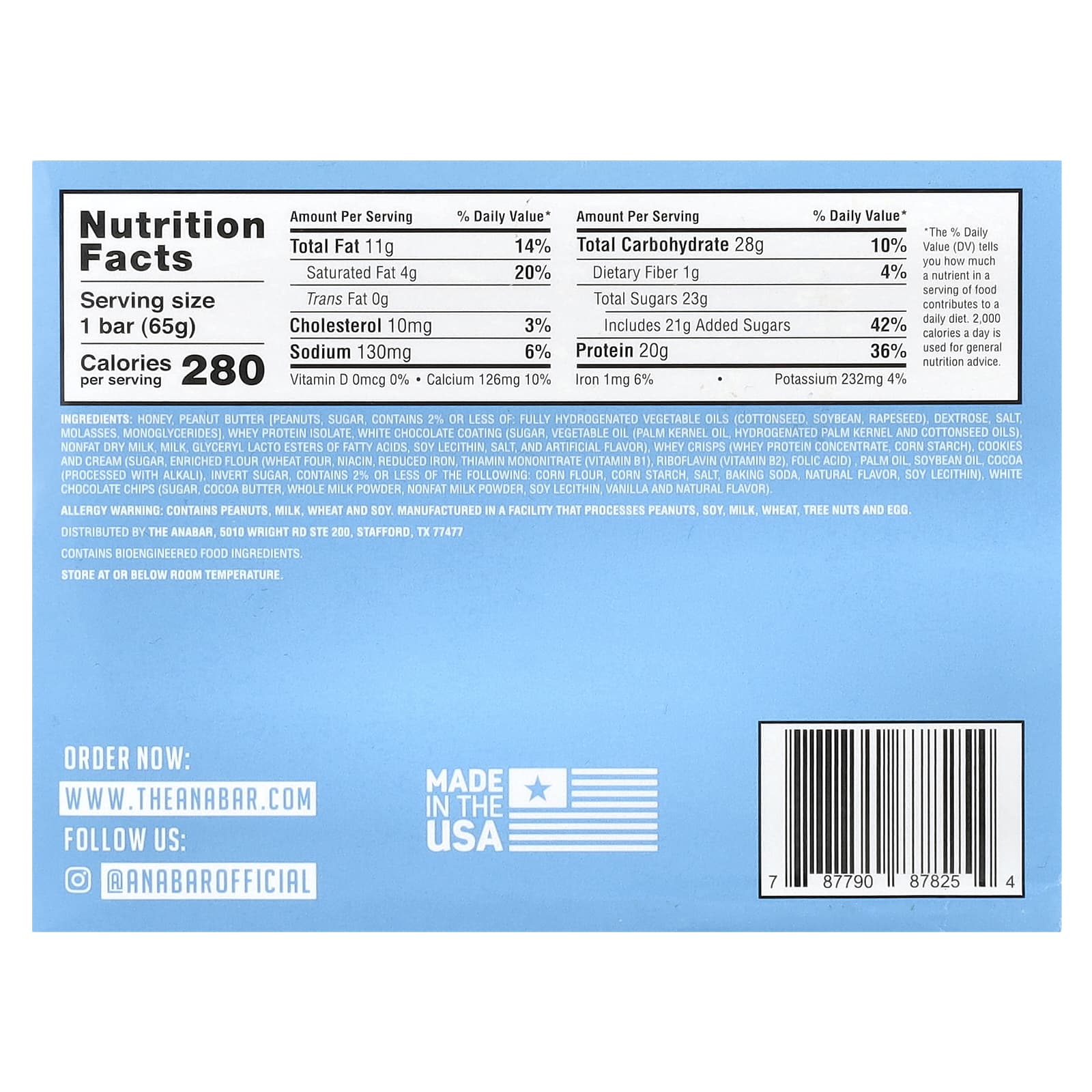 The Anabar, The Protein-Packed Candy Bar®, White Chocolate Cookies & Cream, 12 Bars, 2.29 oz (65 g) Each