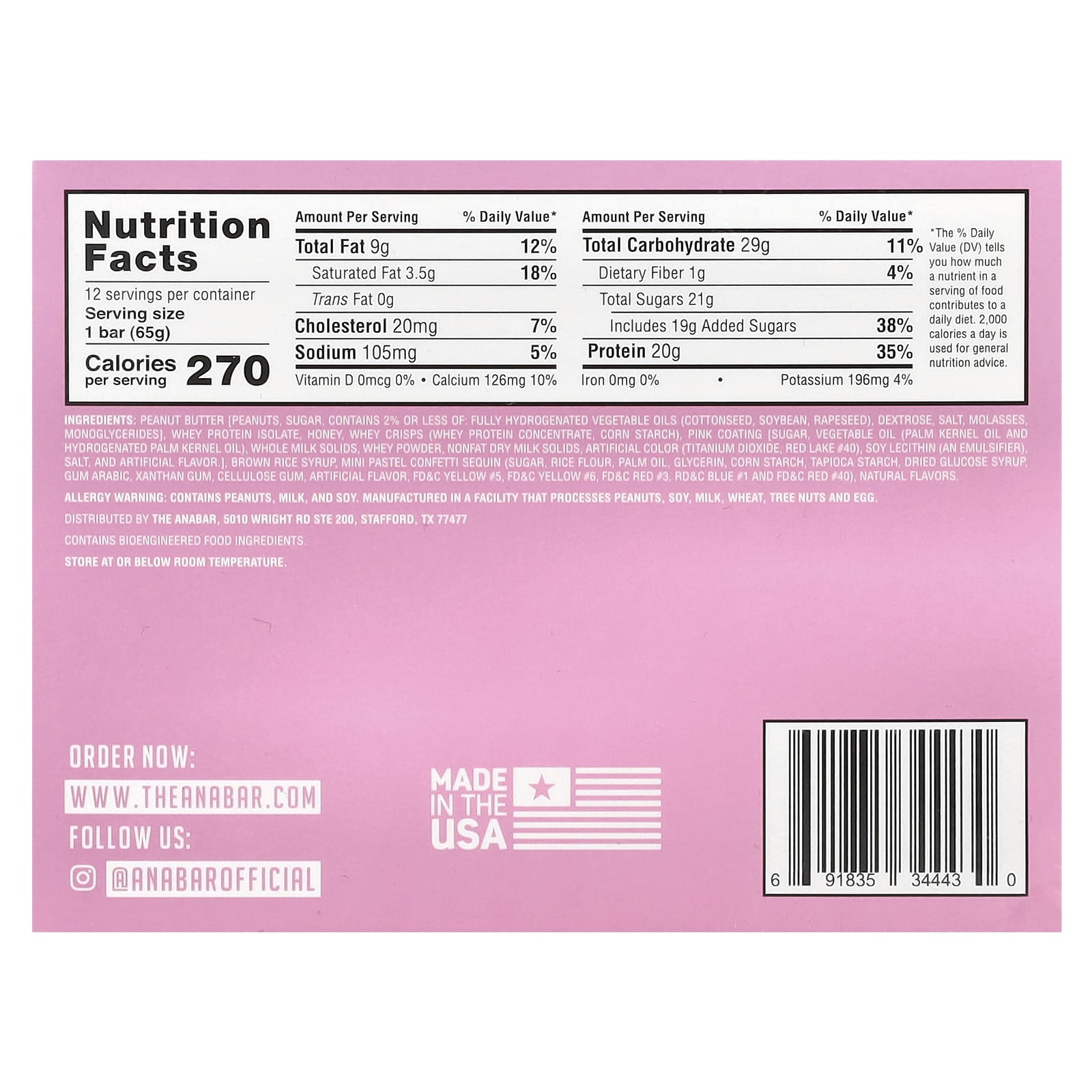The Anabar, The Protein-Packed Candy Bar®, Frosted Strawberry Cupcake, 12 Bars, 2.29 oz (65 g) Each - Image 2
