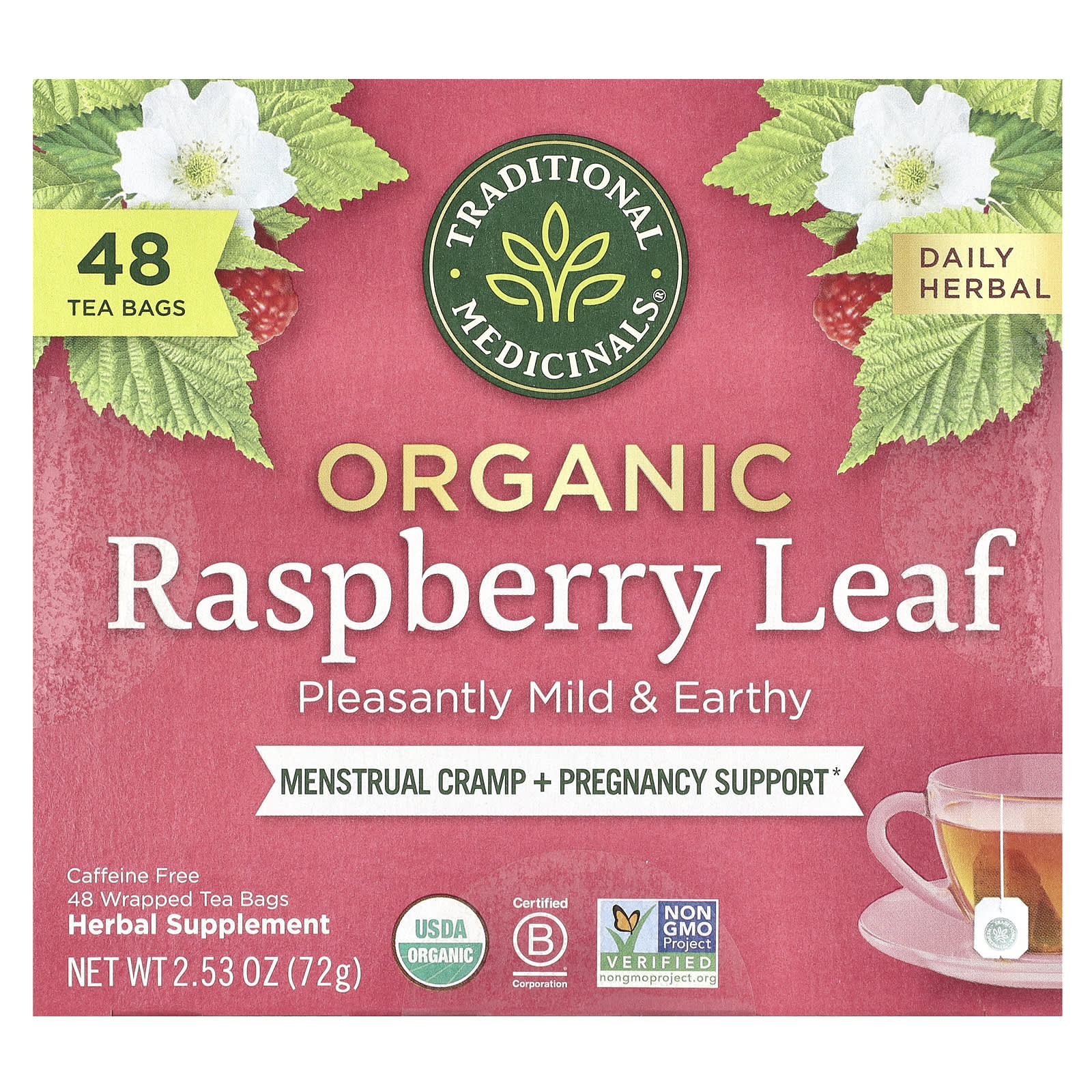 Traditional Medicinals, Organic Raspberry Leaf, Caffeine Free, 48 Wrapped Tea Bags, 2.53 oz (72 g) - Image 1