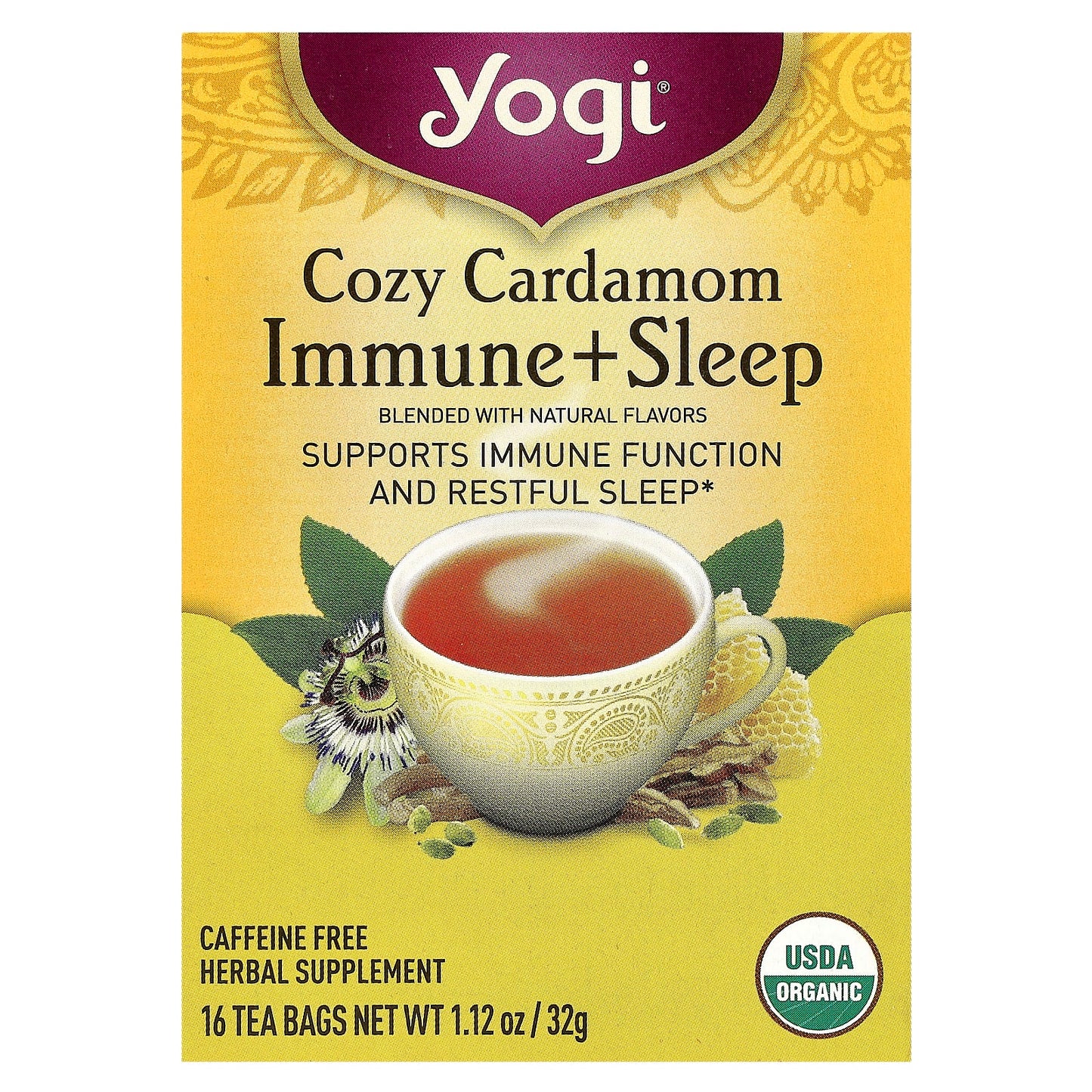 Yogi Tea, Cozy Cardamom Immune + SleepTea, Caffeine Free, 16 Tea Bags, 1.12 oz (32 g) - Image 1