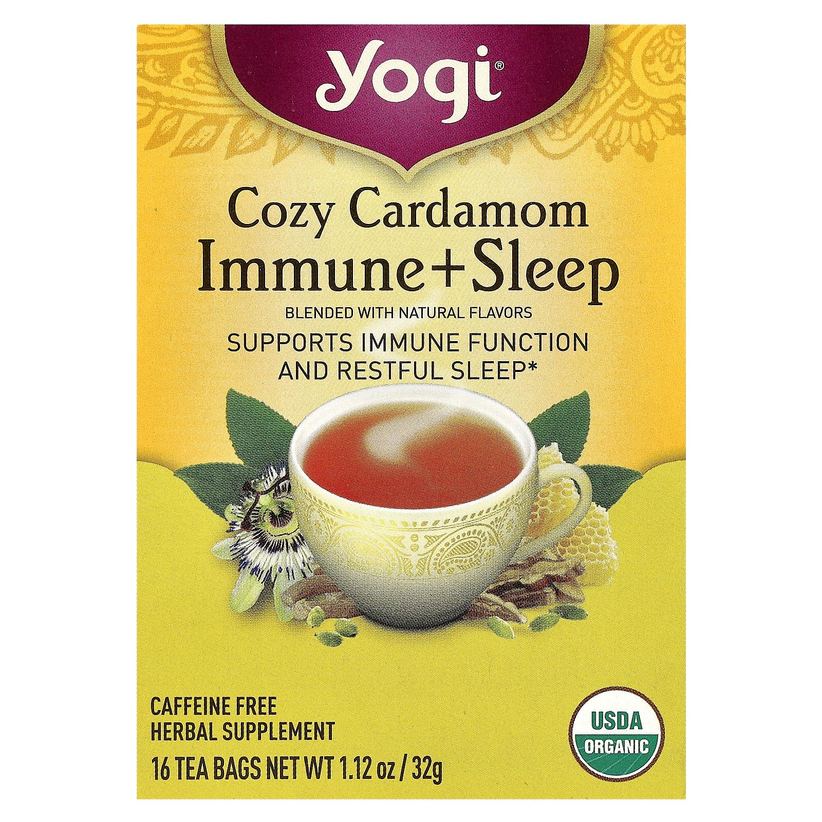 Yogi Tea, Cozy Cardamom Immune + SleepTea, Caffeine Free, 16 Tea Bags, 1.12 oz (32 g) - Image 1