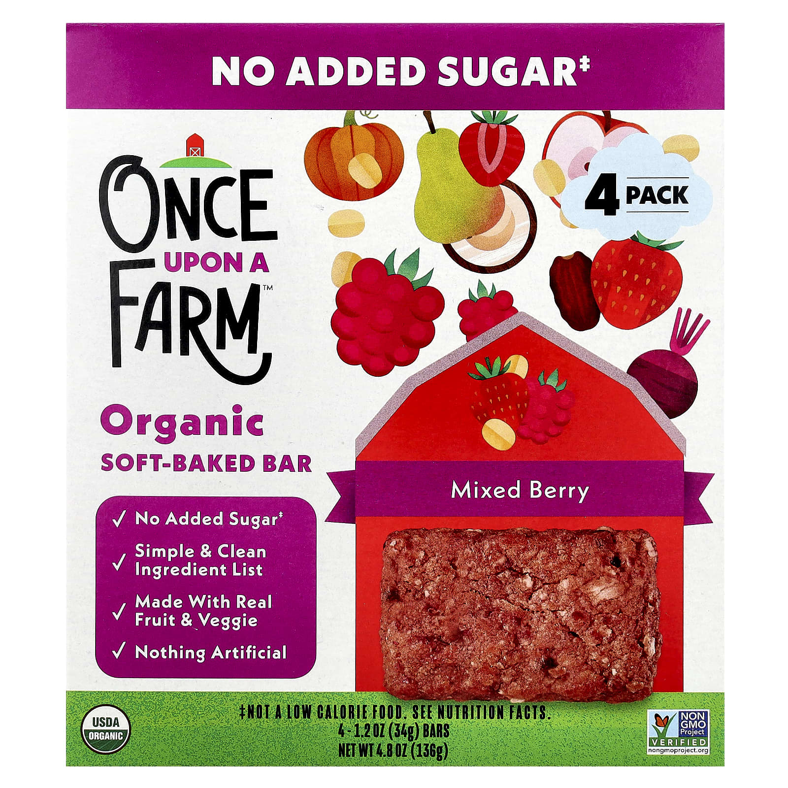 Once Upon A Farm, Organic Soft Baked Bar, Mixed Berry, 4 Bars, 1.2 oz (34 g) Each - Image 1