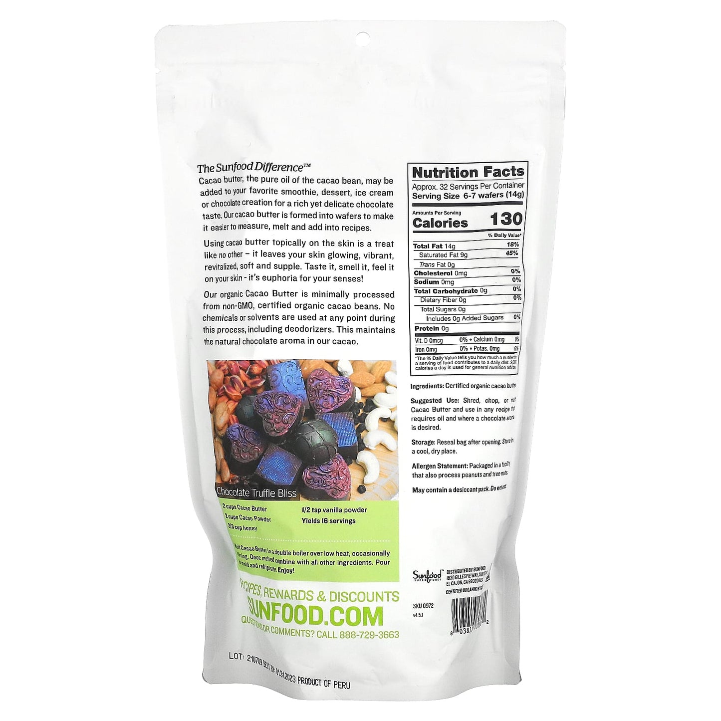 Sunfood, Organic Cacao Butter, 1 lb (454 g) - Image 2