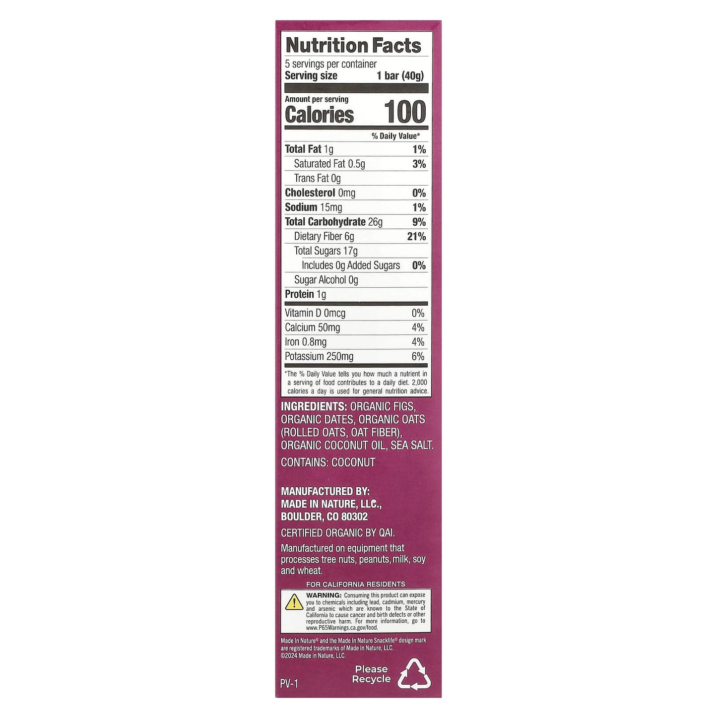 Made in Nature, Fig 'N' Oats®, Original Fig, 5 Individually Wrapped Bars, 1.4 oz (40 g) Each - Image 2