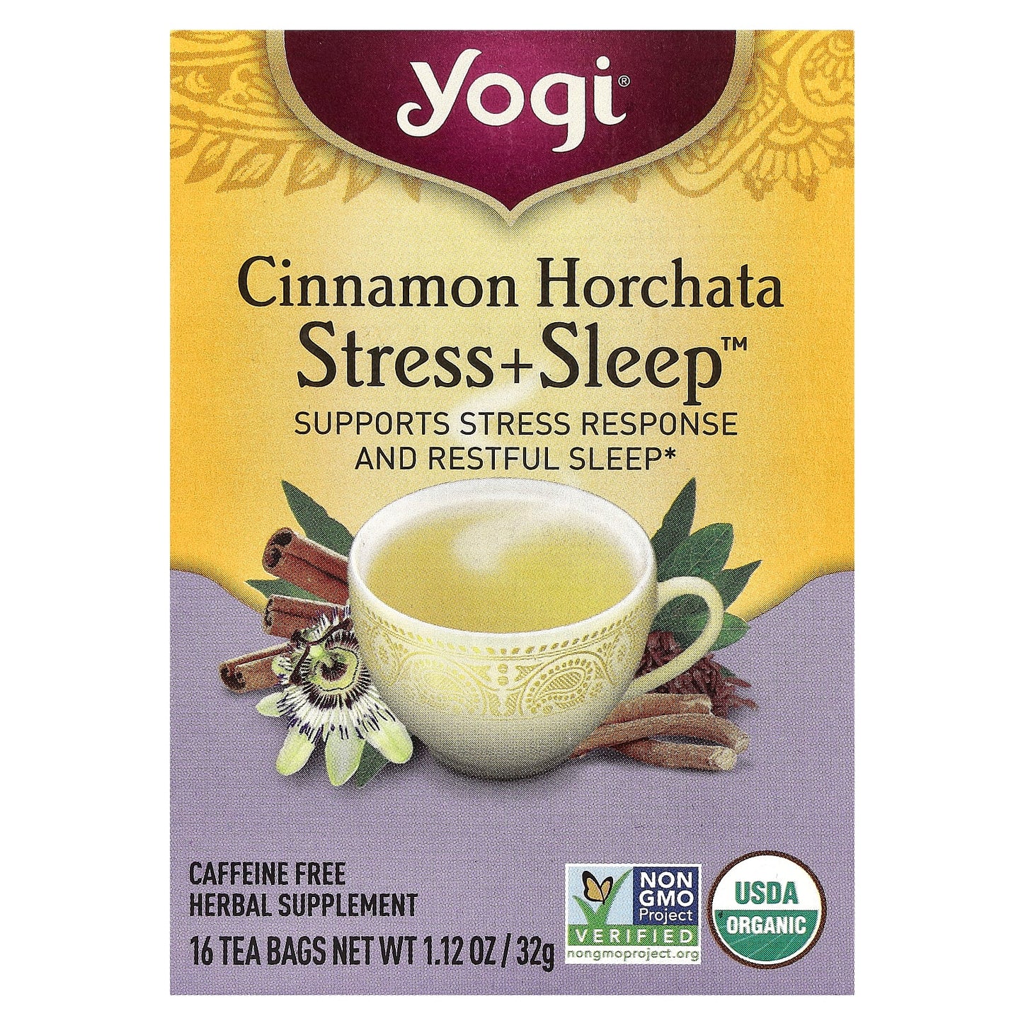 Yogi Tea, Stress + Sleep, Cinnamon Horchata, Caffeine Free, 16 Tea Bags, 1.12 oz (32 g) - Image 1