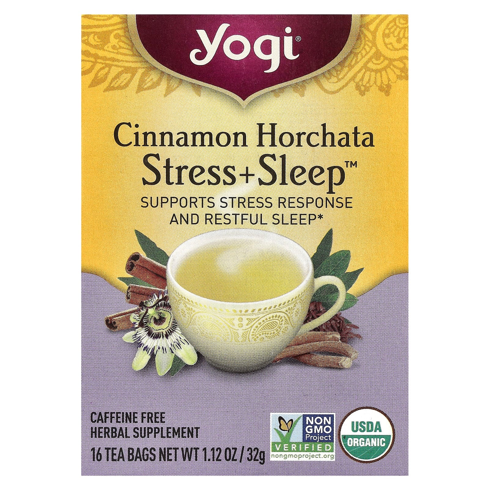 Yogi Tea, Stress + Sleep, Cinnamon Horchata, Caffeine Free, 16 Tea Bags, 1.12 oz (32 g) - Image 1