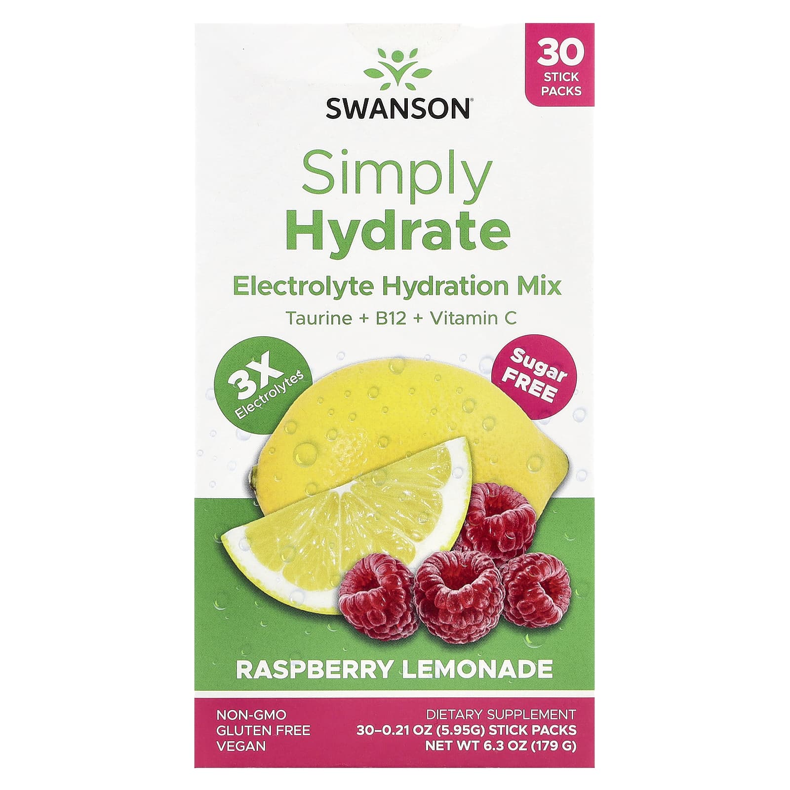 Swanson, Simply Hydrate, Electrolyte Hydration Mix, Raspberry Lemonade, 30 Stick Packs, 0.21 oz (5.95 g) Each - Image 1