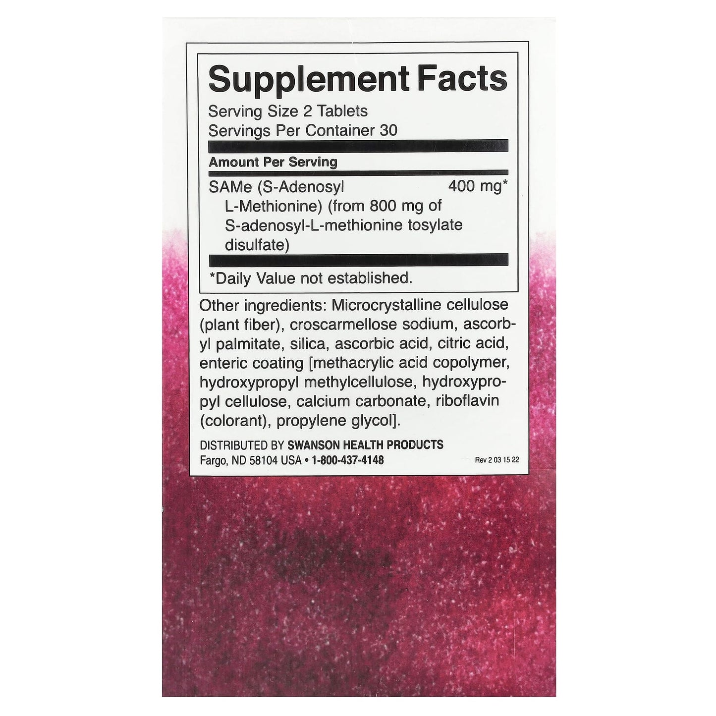 Swanson, SAMe, 400 mg, 60 Tablets (200 mg per Tablet) - Image 2