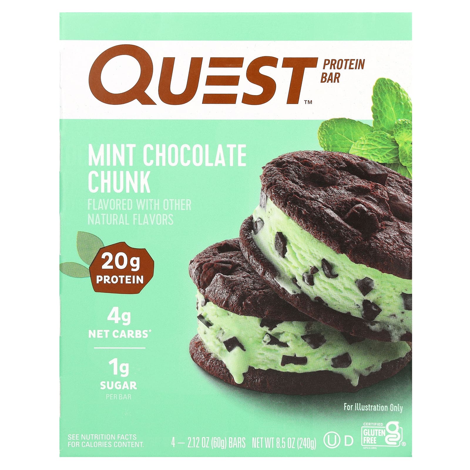 Quest Nutrition, Protein Bar, Mint Chocolate Chunk, 4 Bars, 2.12 oz (60 g) Each - Image 1