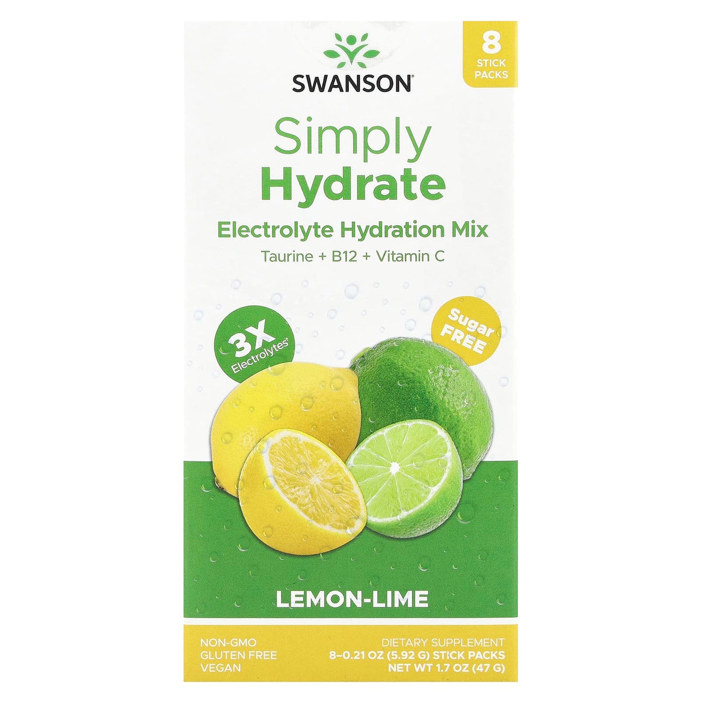 Swanson, Simply Hydrate, Electrolyte Hydration Mix, Lemon-Lime, 8 Stick Packs, 0.21 oz (5.92 g) Each - Image 1