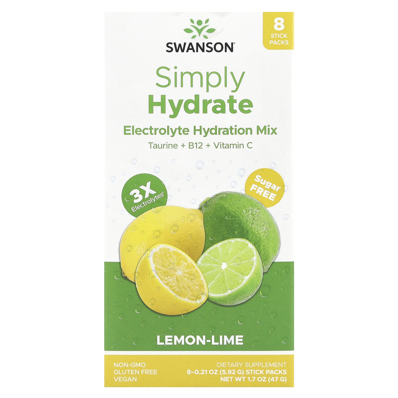 Swanson, Simply Hydrate, Electrolyte Hydration Mix, Lemon-Lime, 8 Stick Packs, 0.21 oz (5.92 g) Each - Image 1