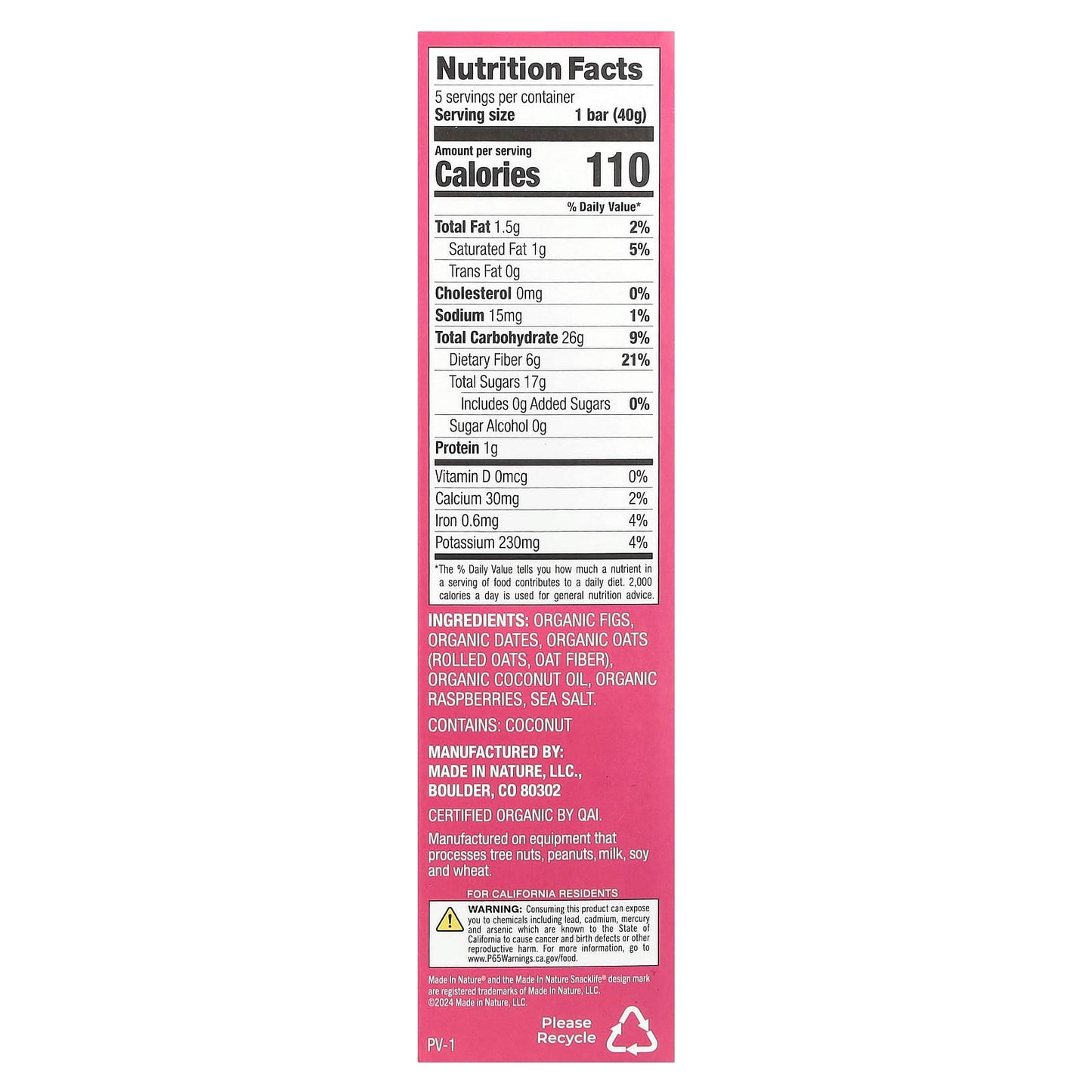 Made in Nature, Fig 'N' Oats®, Raspberry, 5 Individually Wrapped Bars, 1.4 oz (40 g) Each - Image 2