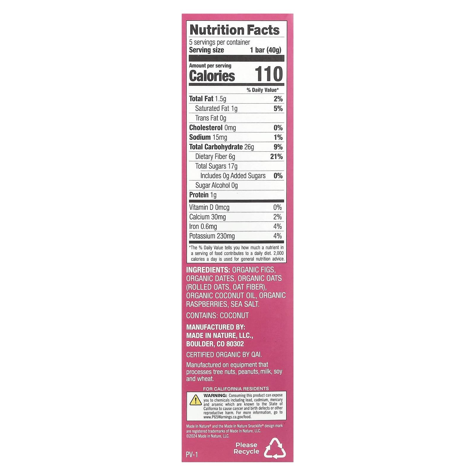 Made in Nature, Fig 'N' Oats®, Raspberry, 5 Individually Wrapped Bars, 1.4 oz (40 g) Each - Image 2