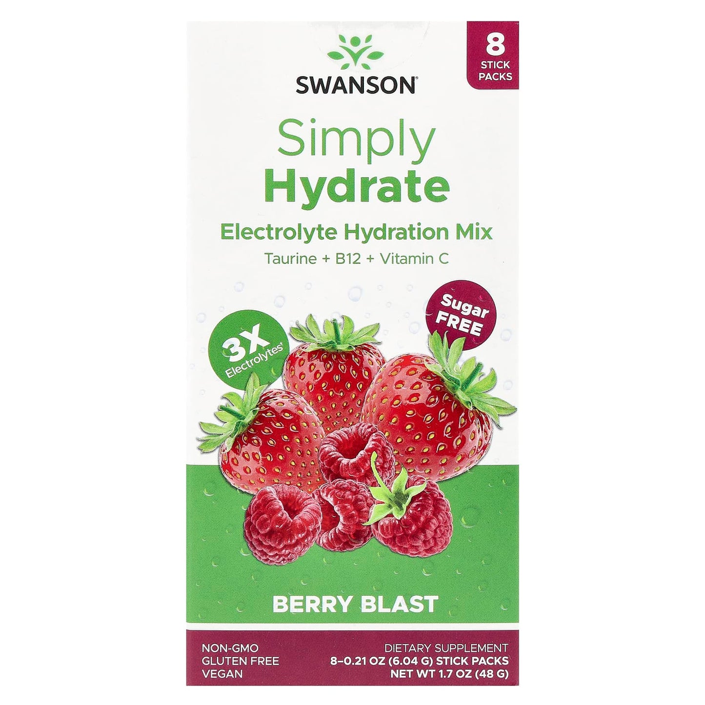 Swanson, Simply Hydrate, Electrolyte Hydration Mix, Berry Blast, 8 Stick Packs 0.21 oz (6.04 g) Each - Image 1