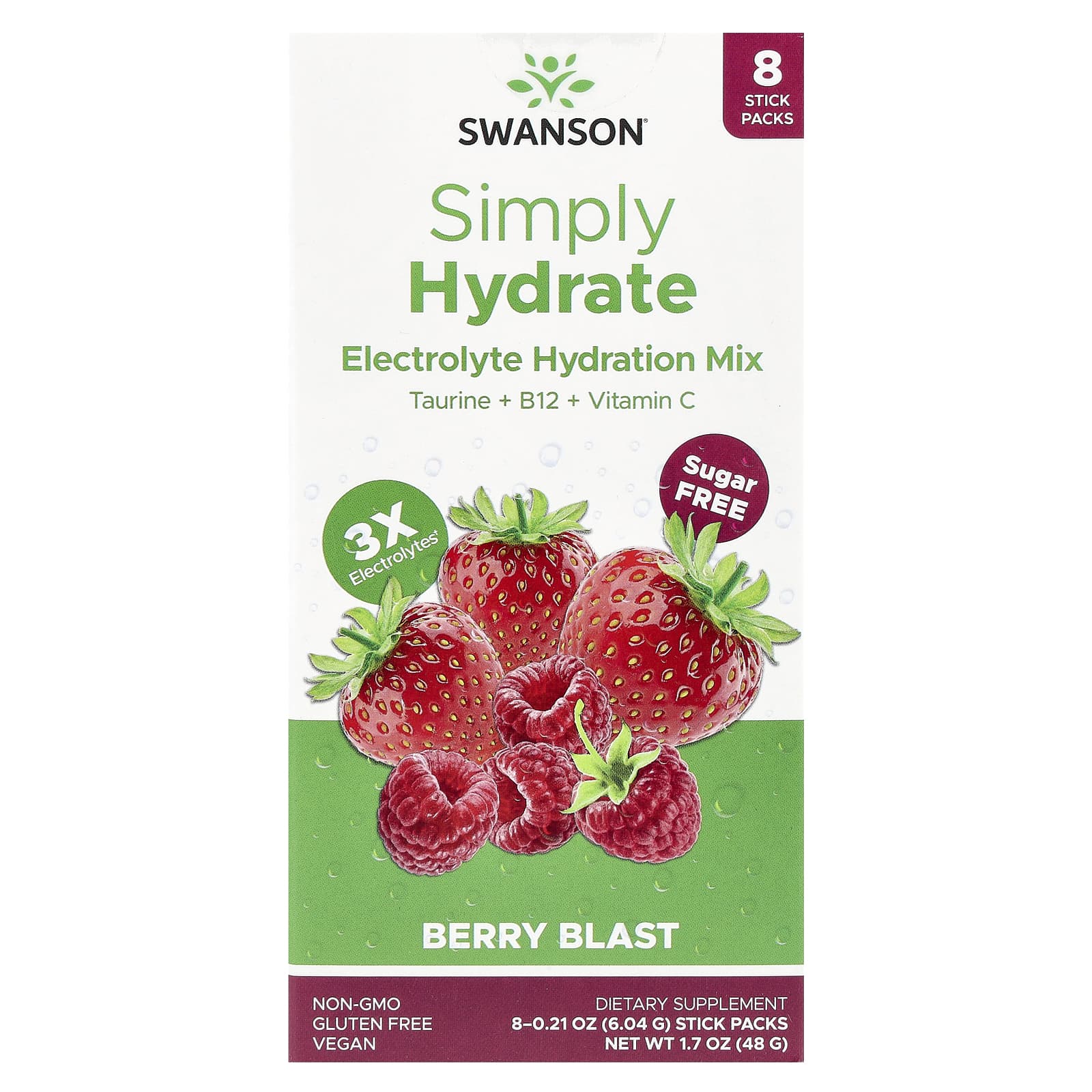 Swanson, Simply Hydrate, Electrolyte Hydration Mix, Berry Blast, 8 Stick Packs 0.21 oz (6.04 g) Each - Image 1