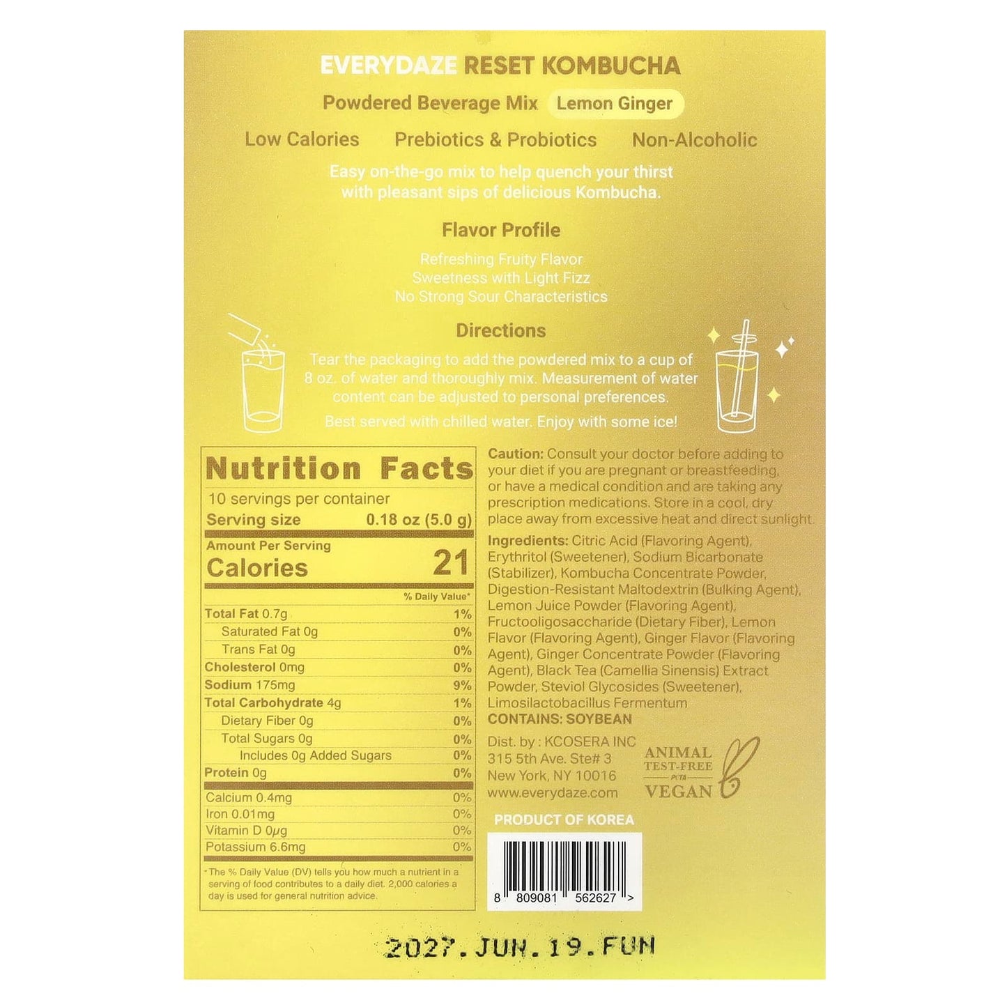 Everydaze Reset Kombucha Powdered Beverage Mix, Lemon Ginger, 10 Packets - Image 2