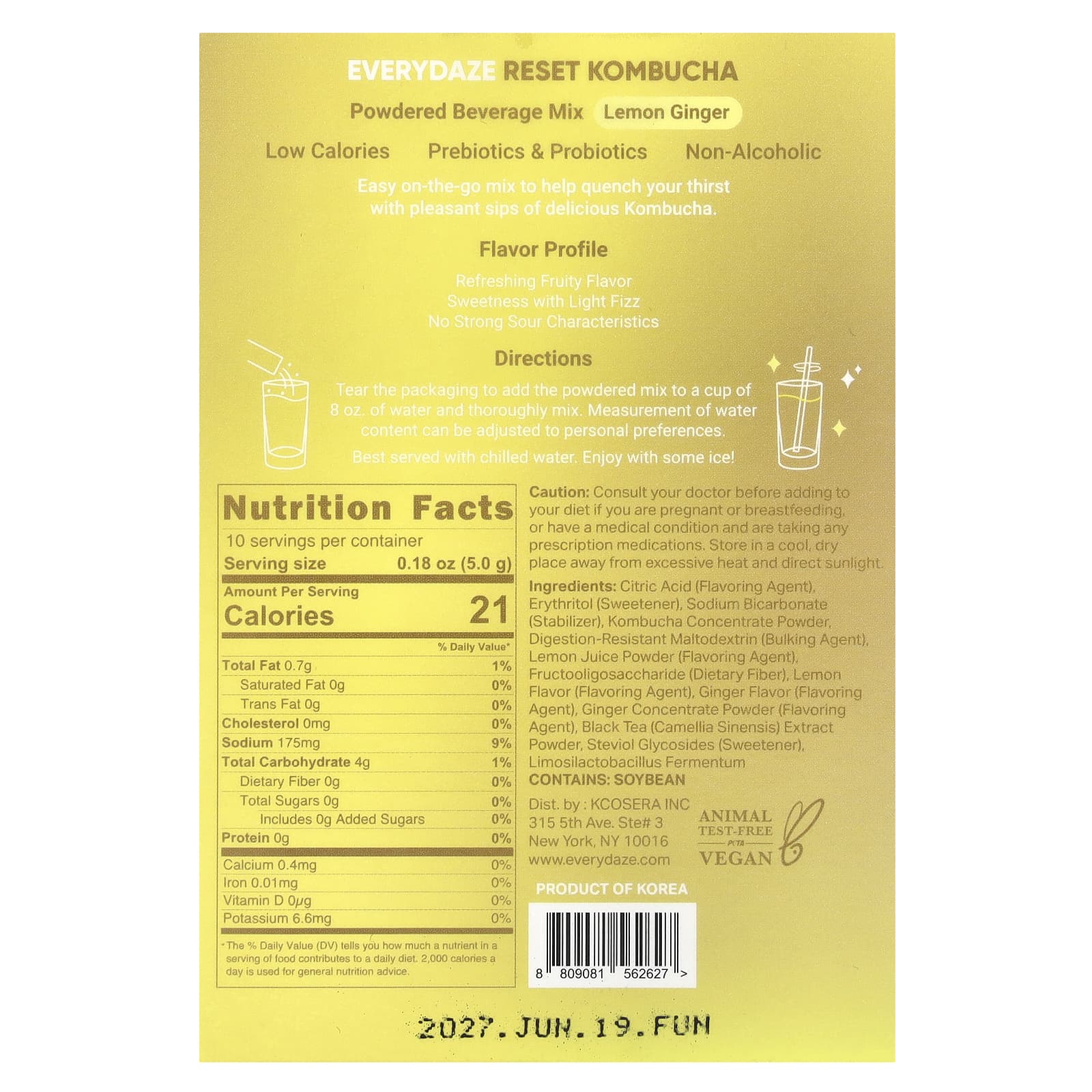 Everydaze Reset Kombucha Powdered Beverage Mix, Lemon Ginger, 10 Packets - Image 2