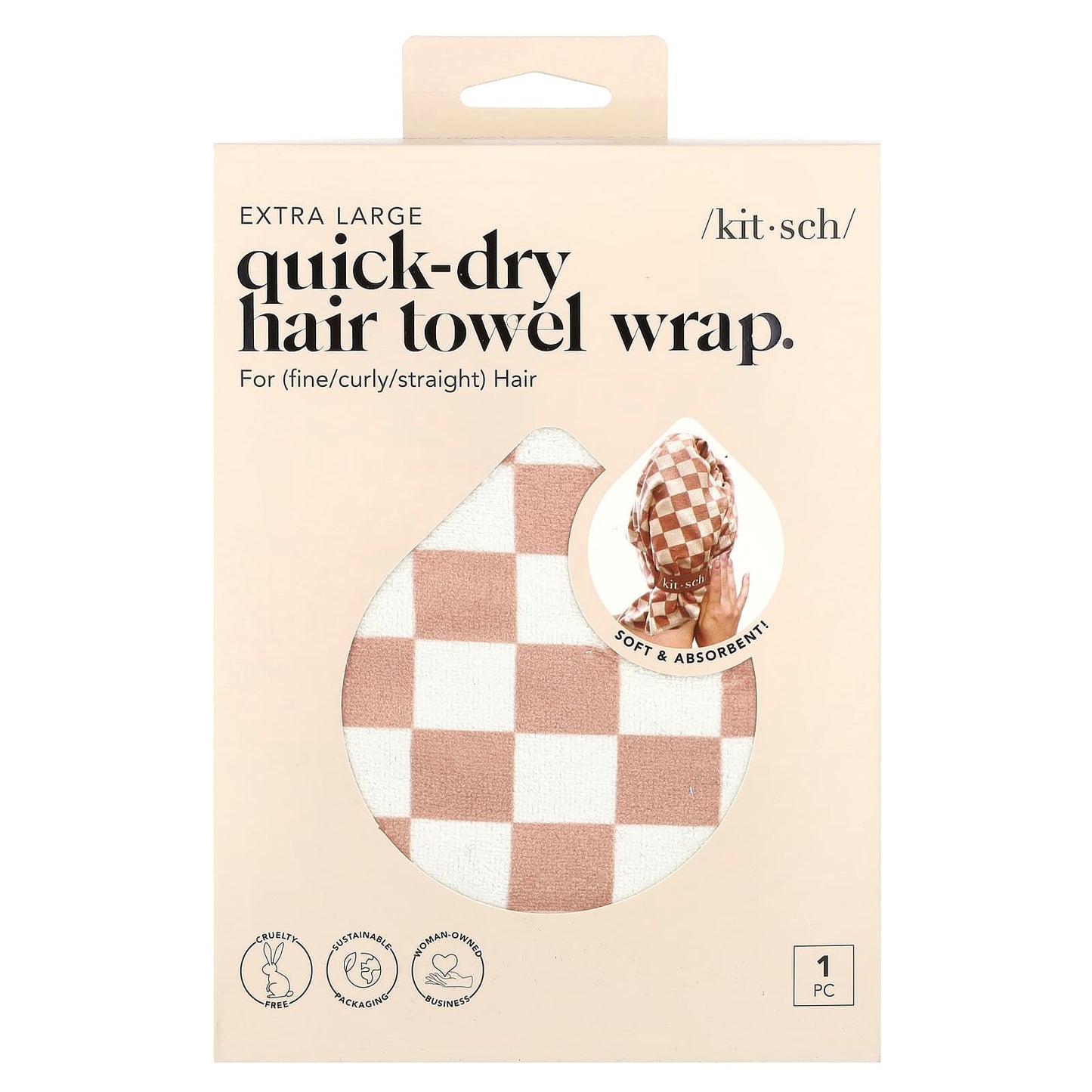 Kitsch, Quick-Dry Hair Towel Wrap, Extra Large, Terracotta Checker, 1 Wrap - Image 1