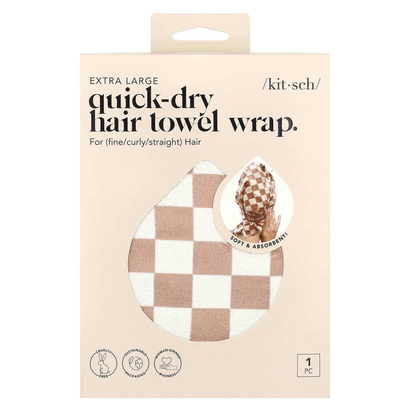 Kitsch, Quick-Dry Hair Towel Wrap, Extra Large, Terracotta Checker, 1 Wrap - Image 1