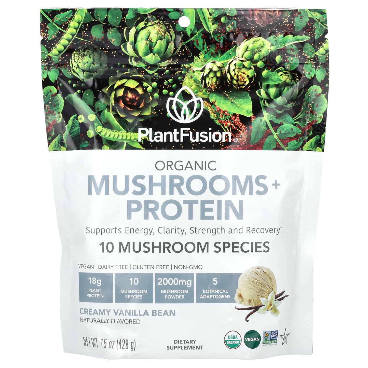 PlantFusion, Organic Mushrooms + Protein, Creamy Vanilla Bean, 15 oz (428 g) - Image 1