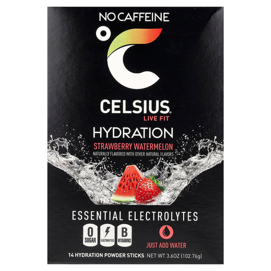 Celsius, Live Fit, Hydration, Essential Electrolytes, No Caffeine, Strawberry Watermelon, 14 Hydration Powder Sticks, 0.26 oz (7.28 g) Each