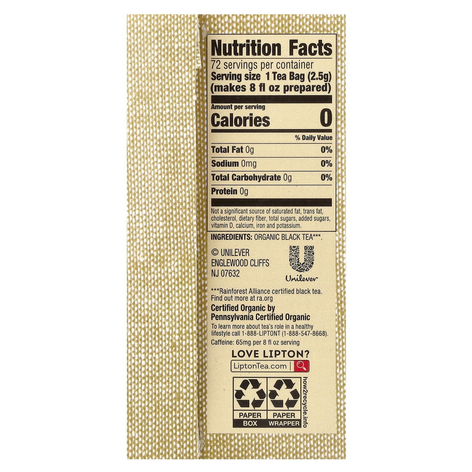 Lipton, Organic Black Tea , 72 Tea Bags in Envelopes, 5.74 oz (162.7 g) - Image 2