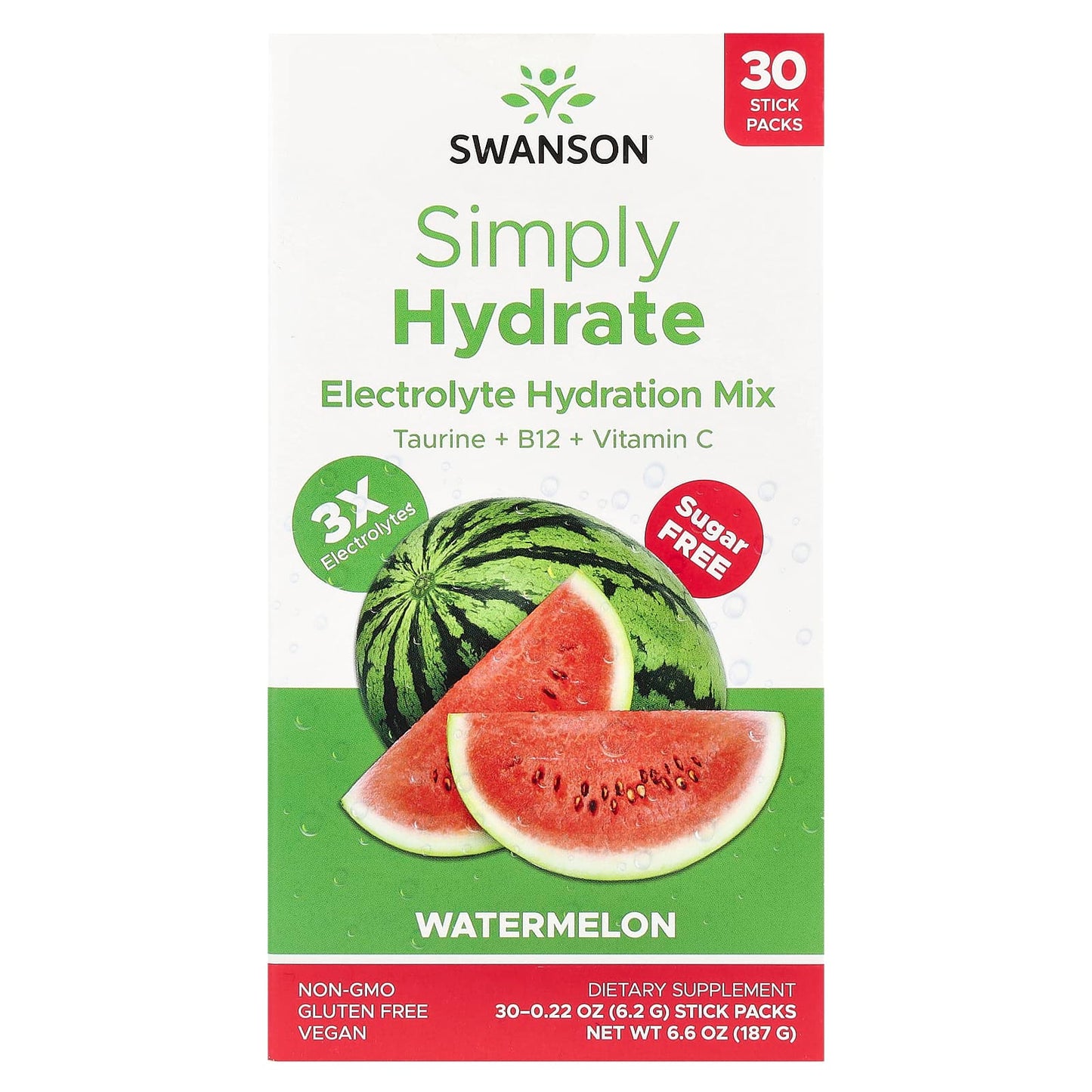 Swanson, Simply Hydrate, Electrolyte Hydration Mix, Watermelon, 30 Stick Packs, 0.22 oz (6.2 g) Each - Image 1