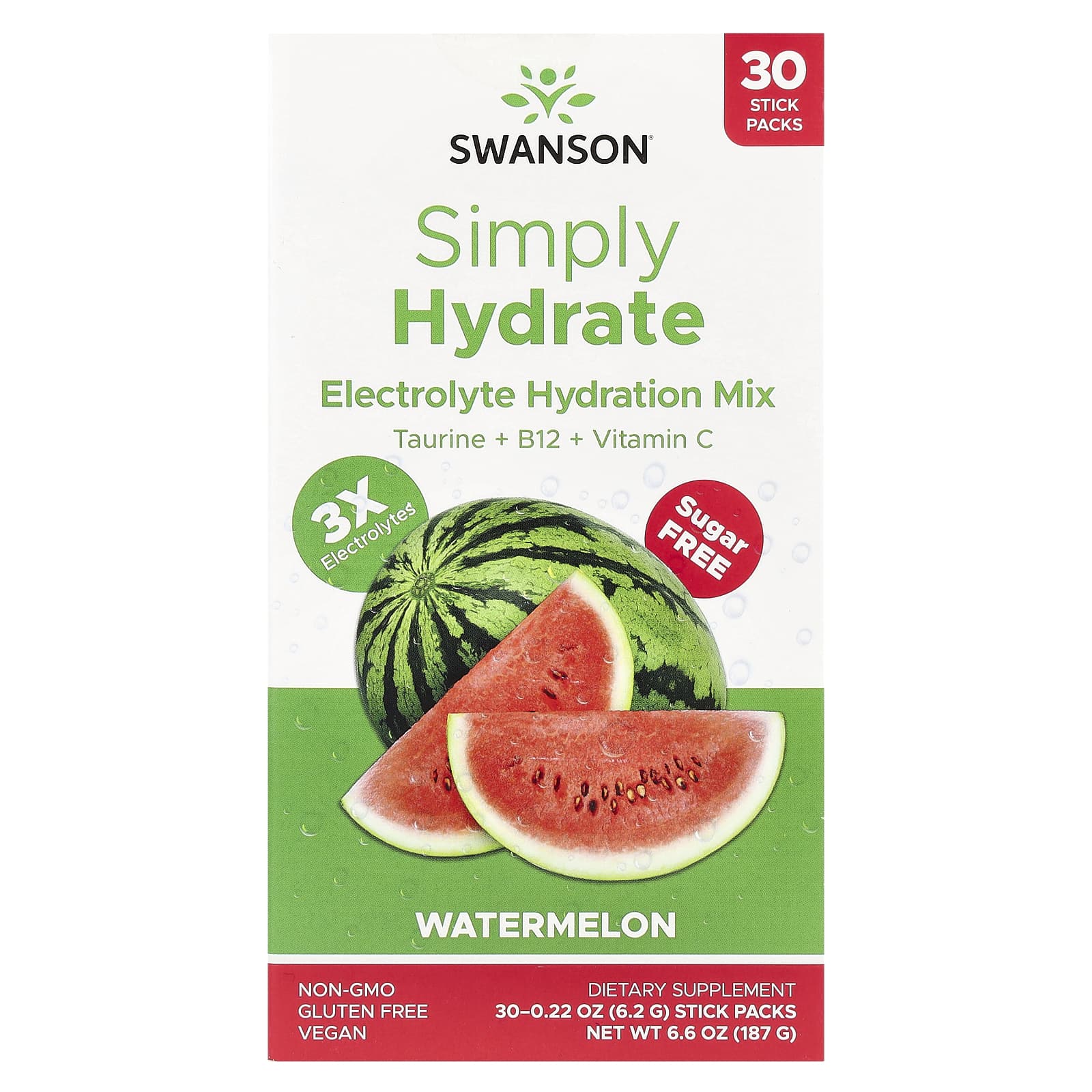 Swanson, Simply Hydrate, Electrolyte Hydration Mix, Watermelon, 30 Stick Packs, 0.22 oz (6.2 g) Each - Image 1