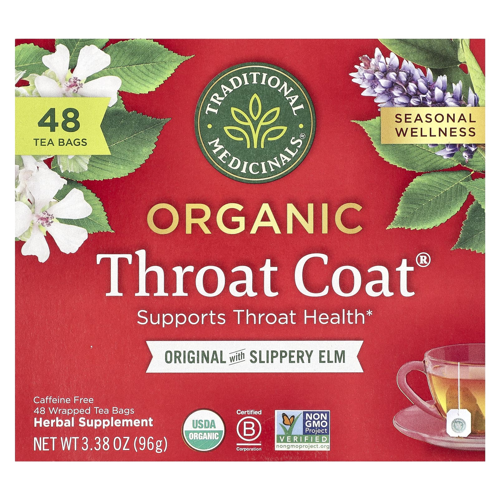 Traditional Medicinals, Organic Throat Coat®, Original with Slippery Elm, Caffeine Free, 48 Wrapped Tea Bags, 3.38 oz (96 g) - Image 1